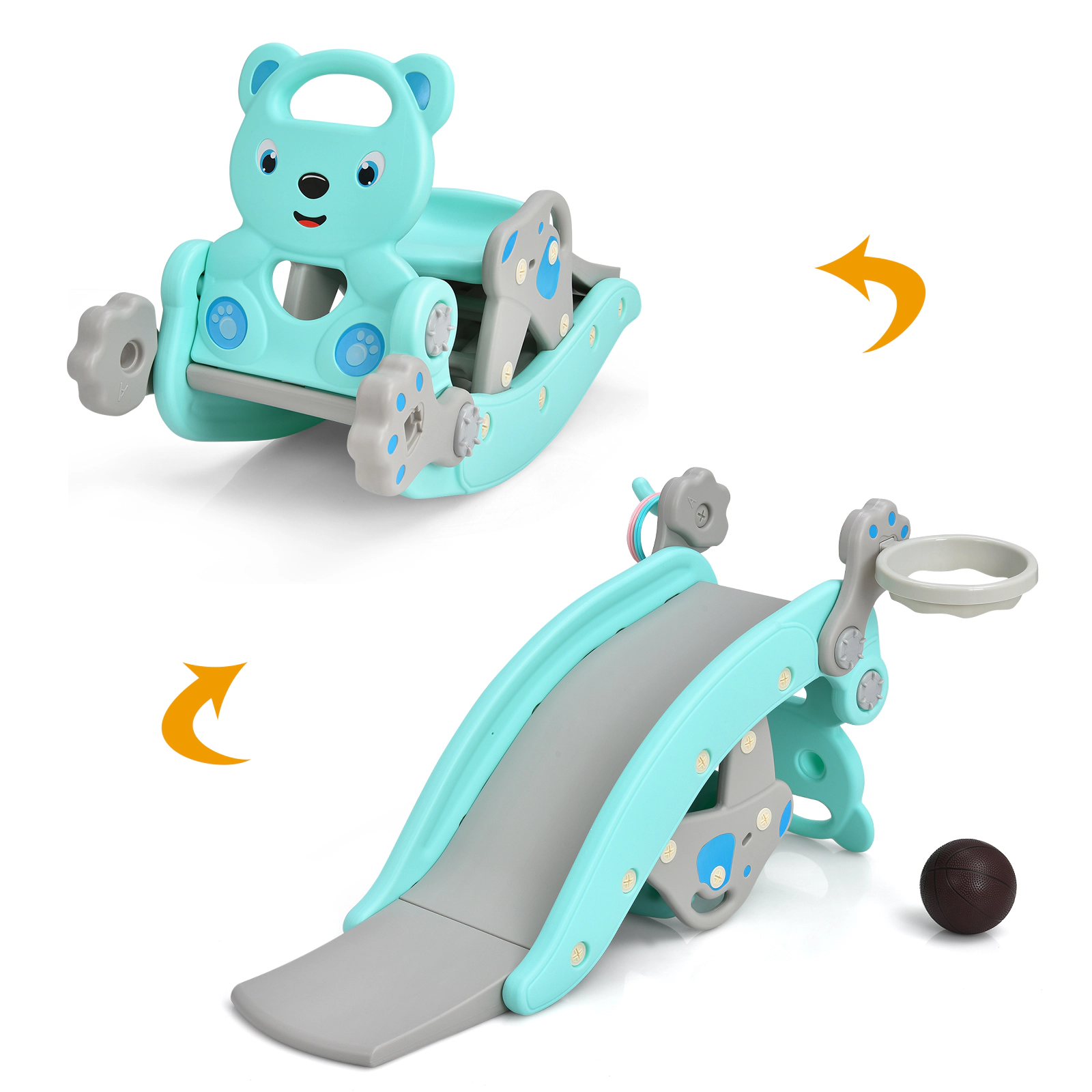 LJG 4-in-1 Toddler Slide and Rocking Horse Playset with Basketball Hoop