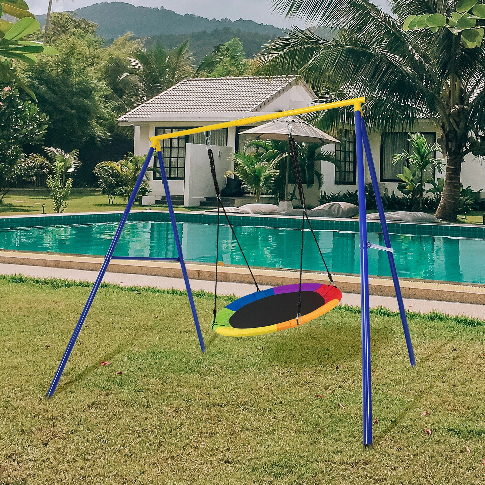 SUGIFT Kids Blue Outdoor A-Frame Metal Swing Stand with 4 Ground Stakes 77-in W 72-in D 73-in H 550-lb Frame Capacity