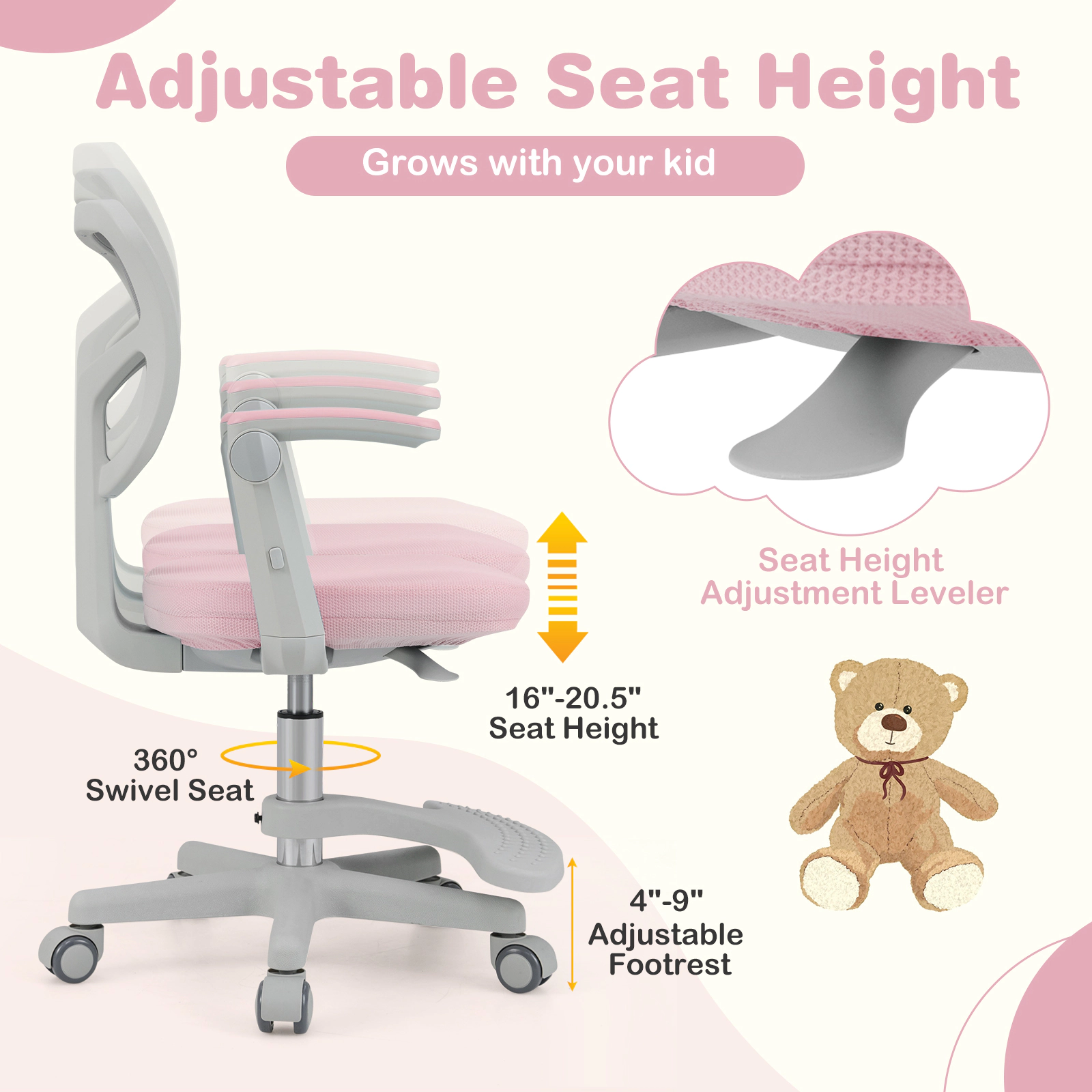 SUGIFT Adjustable Kids Study Desk Chair with Swivel Seat Armrests & Footrest 330-lb Capacity 22.5 x 21.5 x 31.5 in Pink