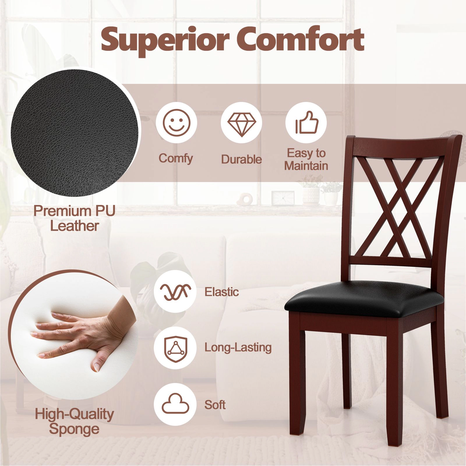 SlickBlue Upholstered Dining Chairs, Brown Wood Black Seat X-Back Set of 2