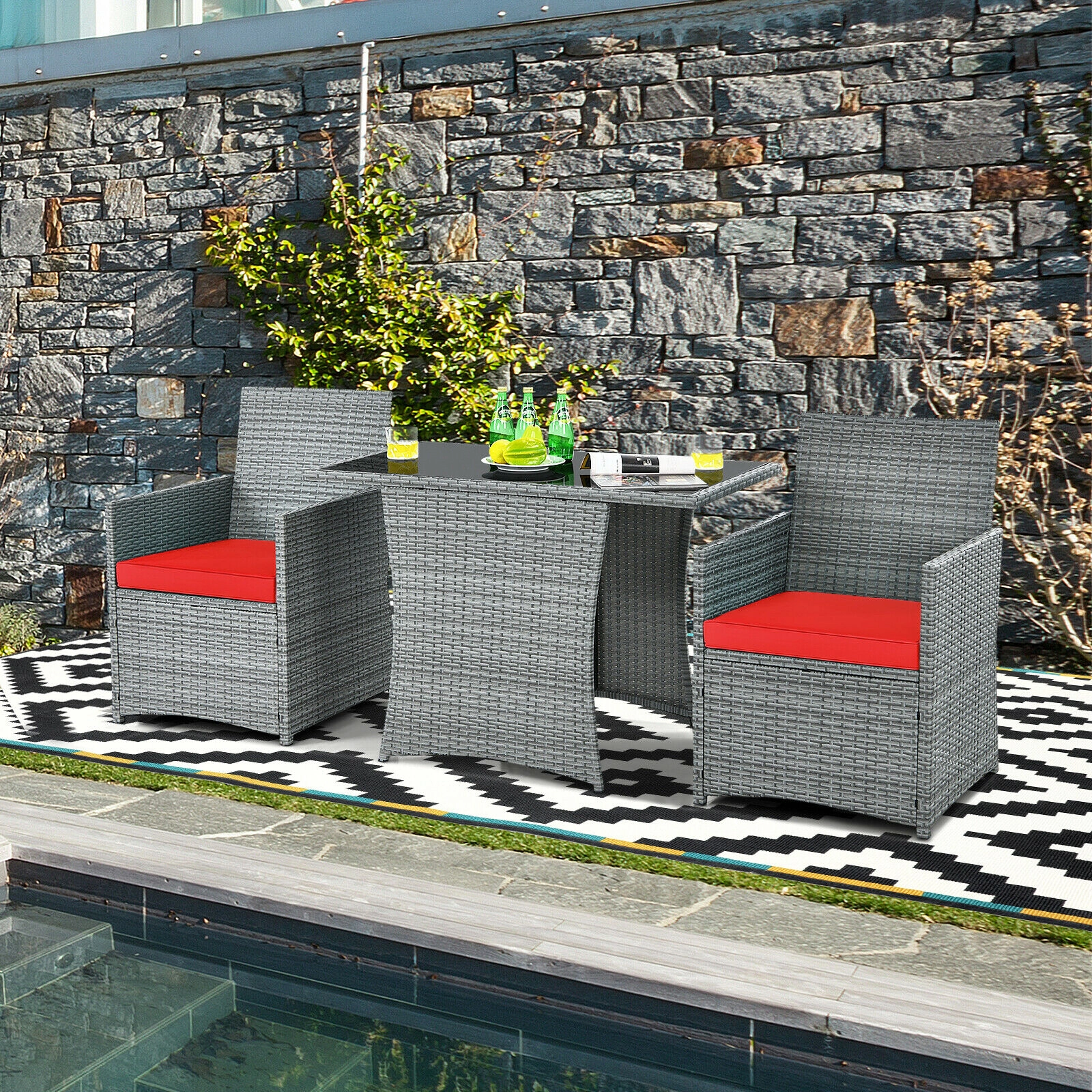 SUGIFT Patio Rattan Conversation Set with Cushioned Armrest Chairs 350-lb Chair Capacity Mixed Gray Rattan Red