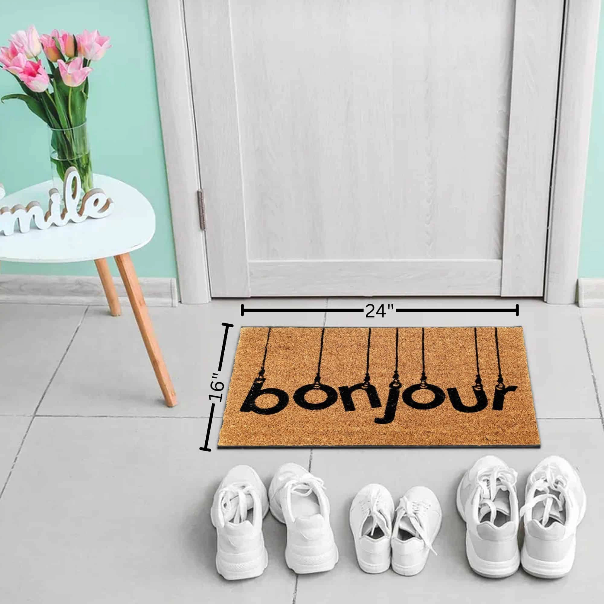 Evideco French Home Goods Natural and Black Bonjour Coir Doormat 24 x 16 Inches
