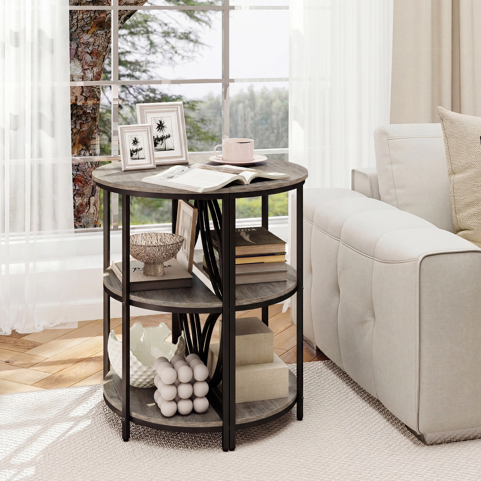 SUGIFT Metal Frame for Living Room 3-Tier Gray Half Round End Table