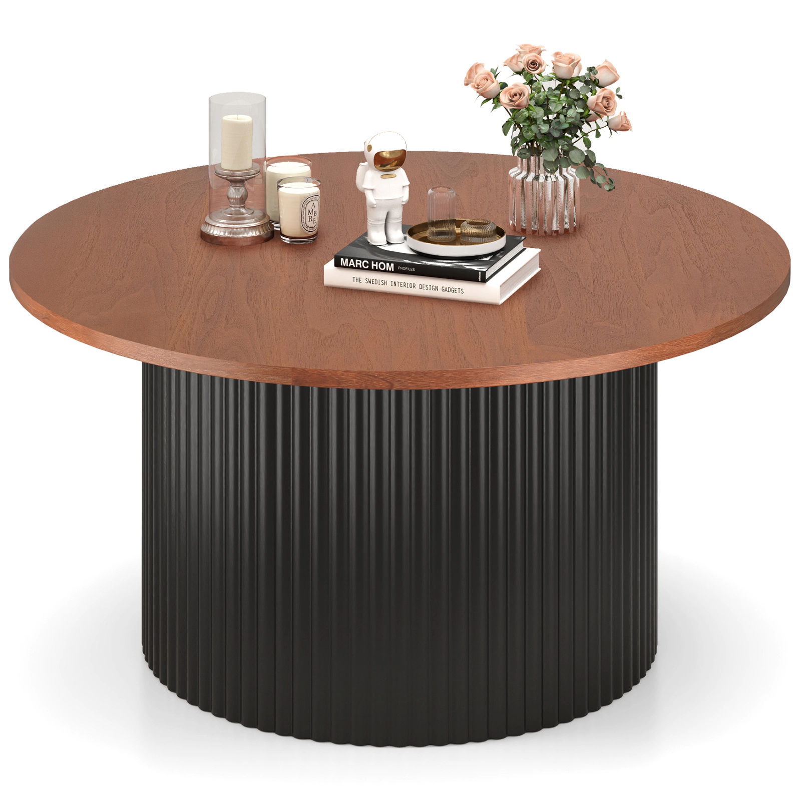 Glintex 32-Inch Round Coffee Table with Wave-Shaped Solid Wood Support, Natural + Black