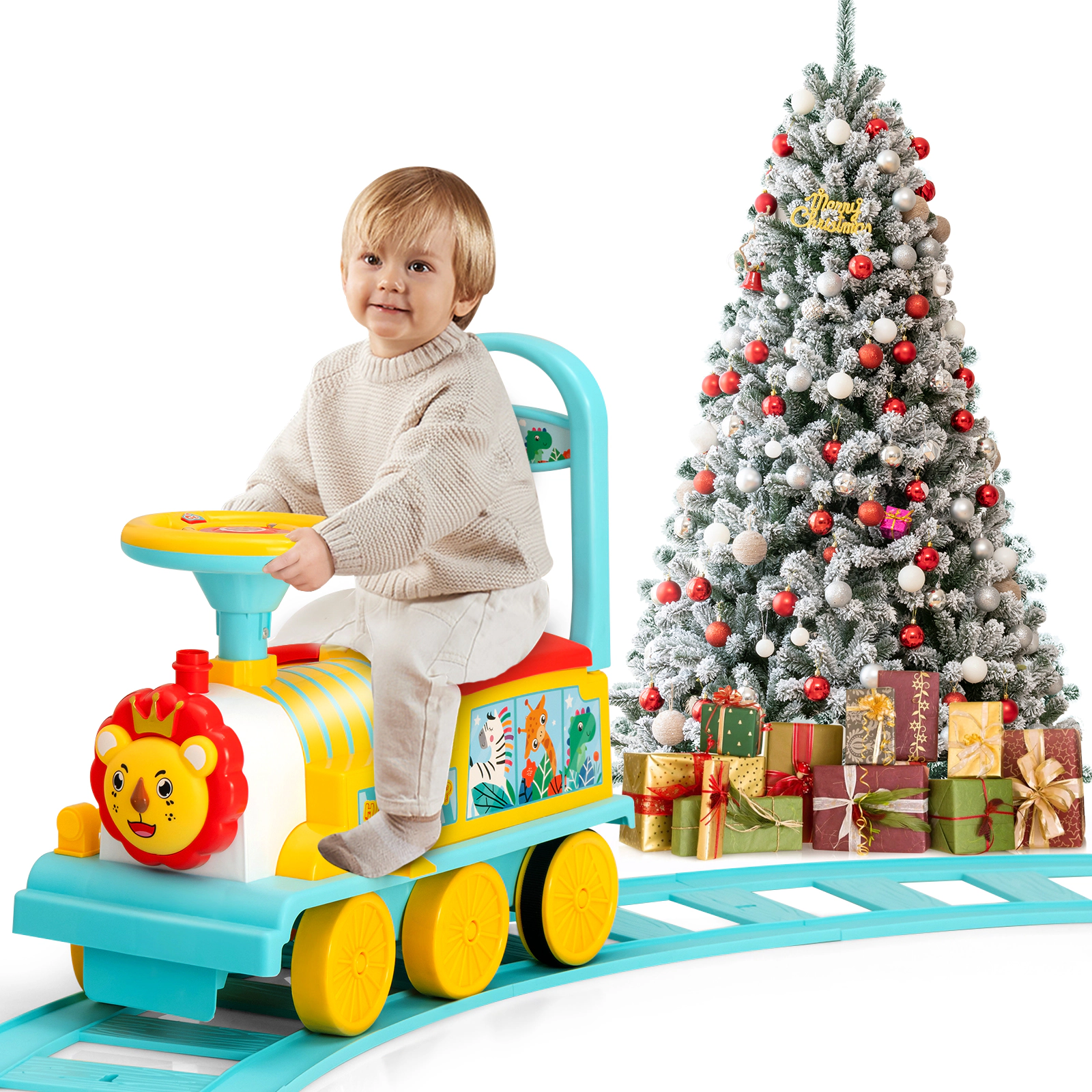Costway 6V Electric Kids Ride On Train Motorized Toy w/ Track & 6 Wheels Blue