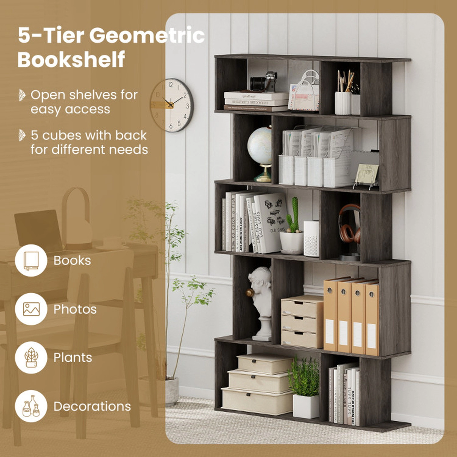 SUGIFT Geometric 5-Tier Engineered Wood Bookcase with Open Shelves and Closed-back Cubes 200-lb Capacity Oak