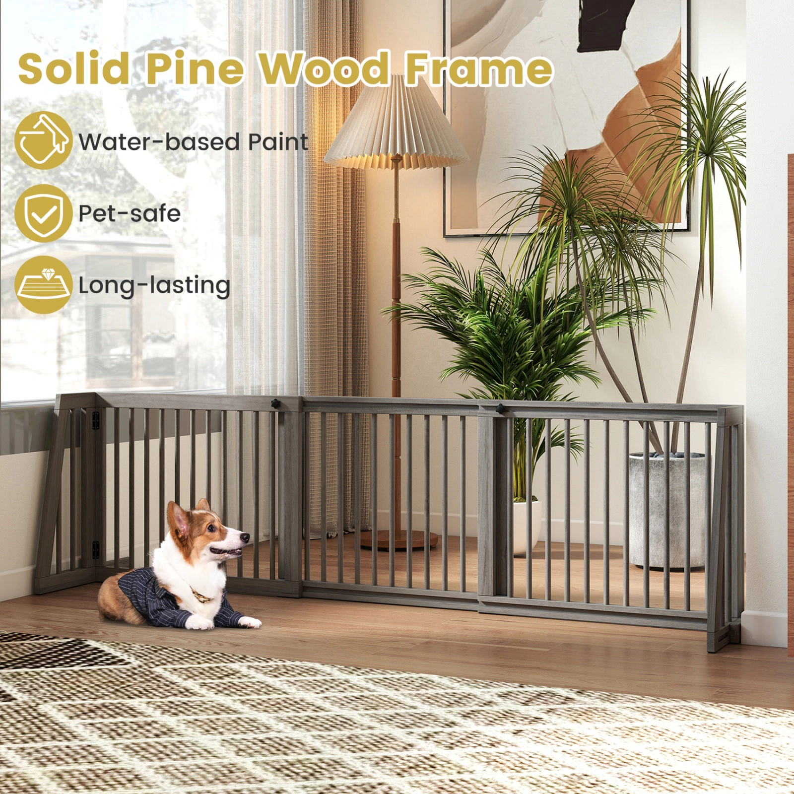 SUGIFT Folding Adjustable Free Standing 3 Panel Pine Wood Pet Gate 80-in Wide 22-in Tall Brown/Gray
