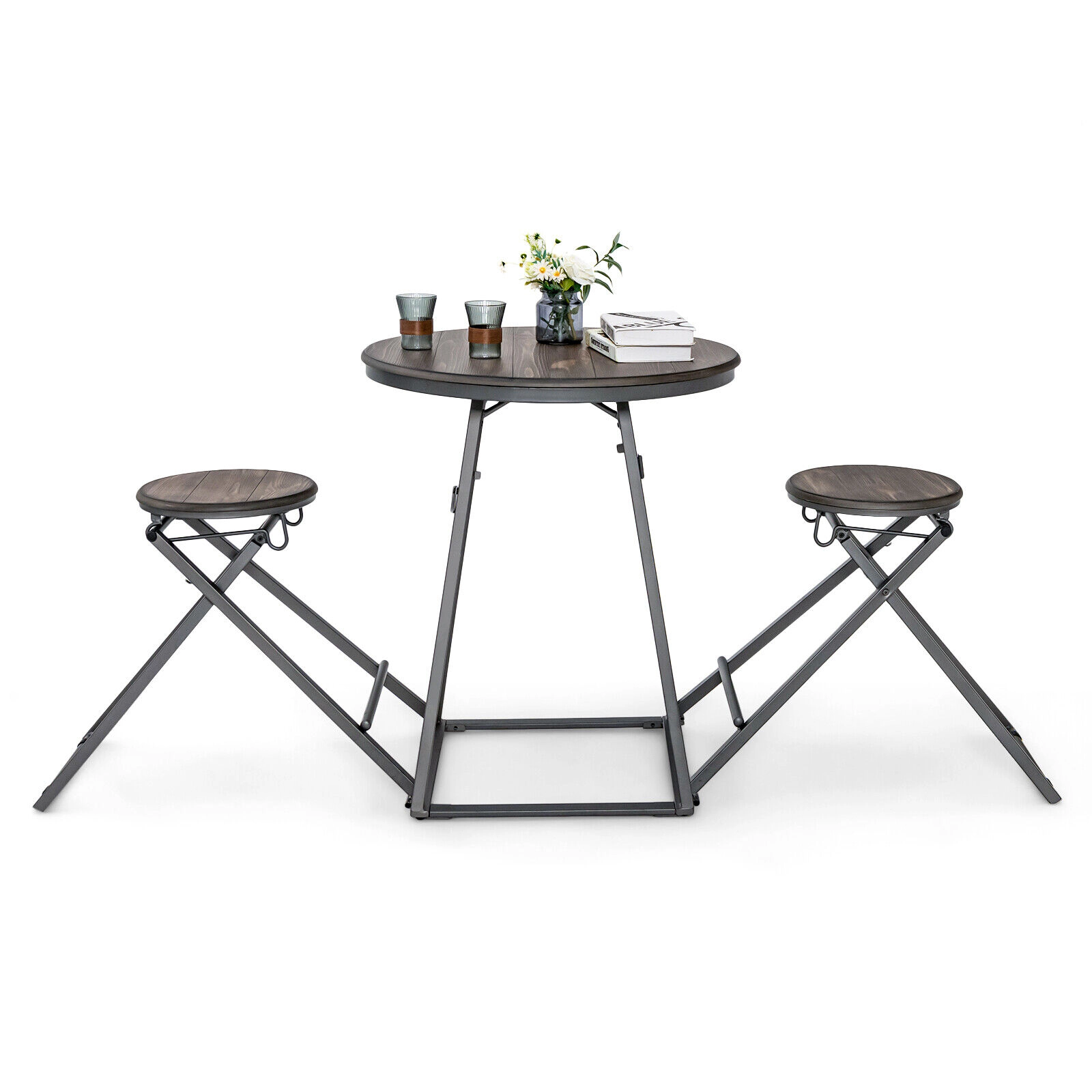 SUGIFT Space-Saving Round Dining Table Set with Foldable Stools 110-lb Table 330-lb Stools Gray