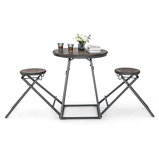 SUGIFT Space-Saving Round Dining Table Set with Foldable Stools 110-lb Table 330-lb Stools Gray