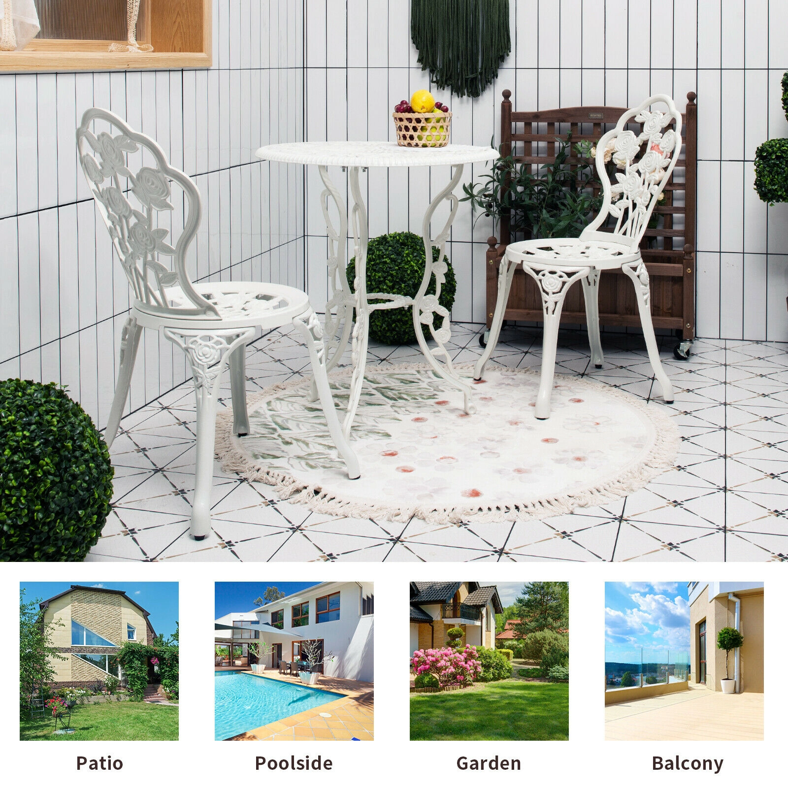 SUGIFT 3-Piece White Cast Aluminum Patio Bistro Set with Rose Design, Round Table and 2 Chairs