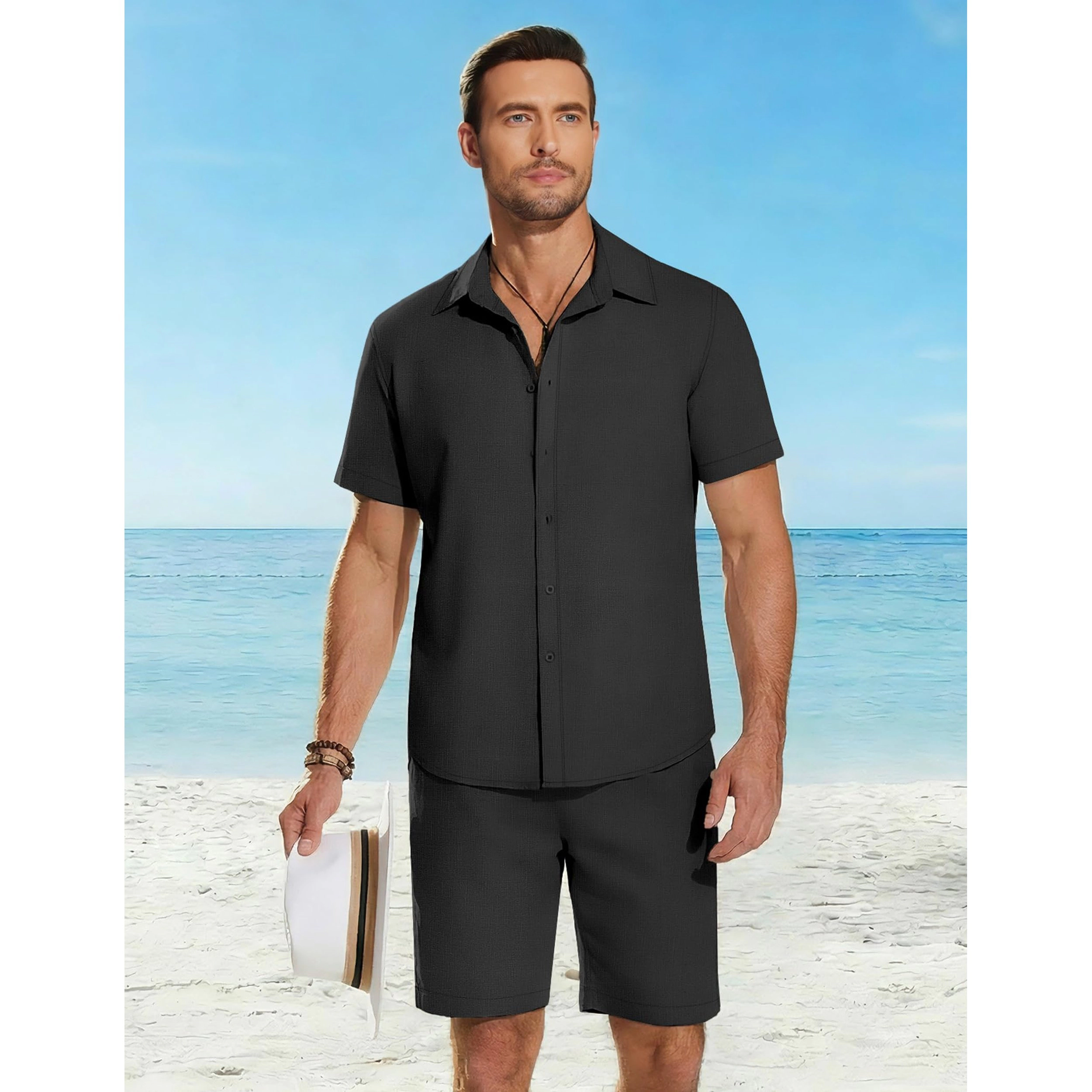COOFANDY Mens  Short Sleeve Button Down Shirt Shorts Set Casual Beach Outfits