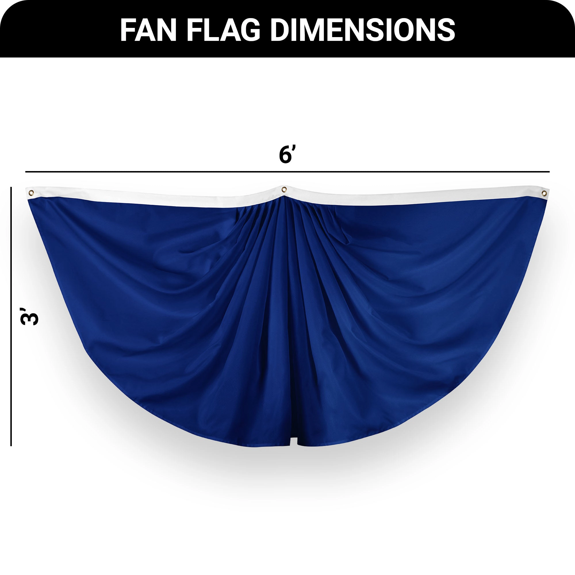 G128 Solid Blue Pleated Fan Flag, 3x6 Ft, 150D Polyester, Brass Grommets, Indoor Outdoor
