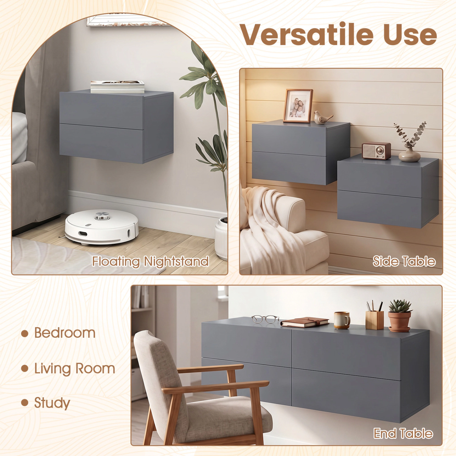 Hivvago Floating Nightstand With 2 Storage Drawers Wall Mounted For Bedroom