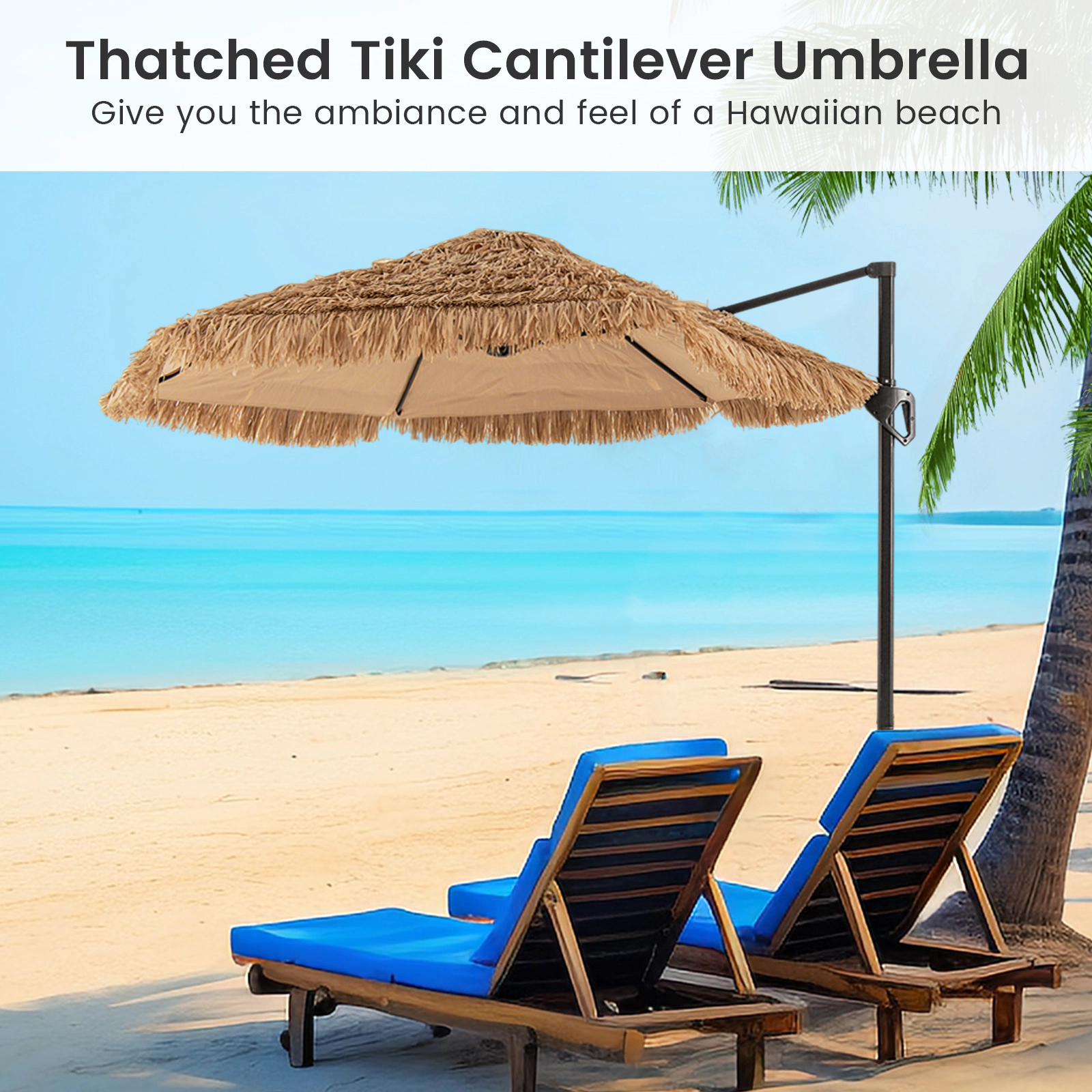 SUGIFT Cantilever Tiki Patio Umbrella with Double-Tier Offset Hanging Canopy Natural+Black