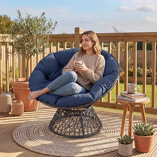 SUGIFT Navy Blue Swivel Papasan Chair, 350 lb Capacity, PE Rattan, 4-Inch Cushion