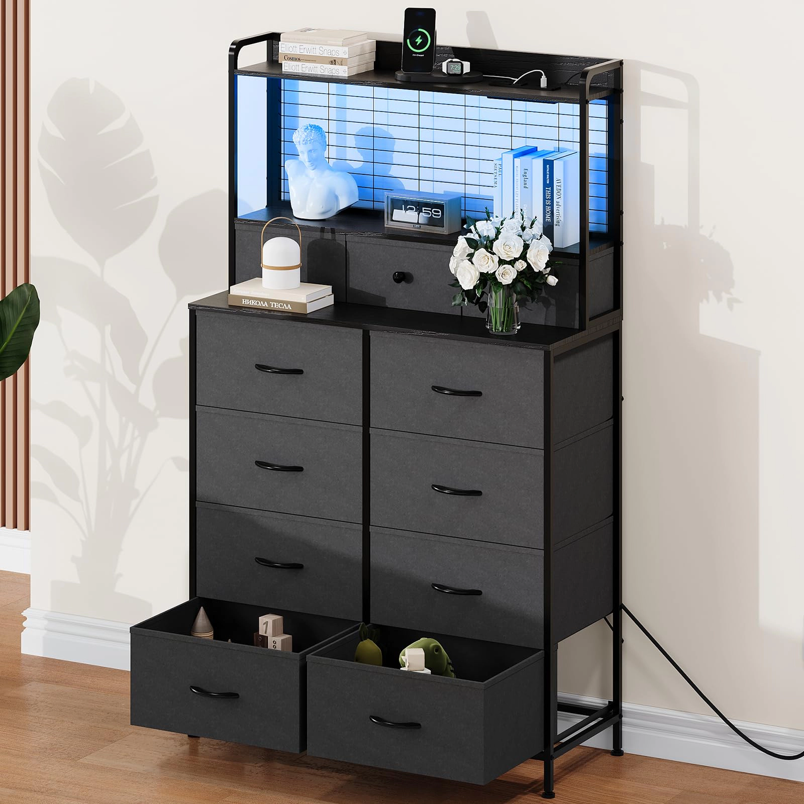 11 Drawer Fabric Dresser with Wireless Charging, App-Controlled RGB LED Lights & Open Shelf