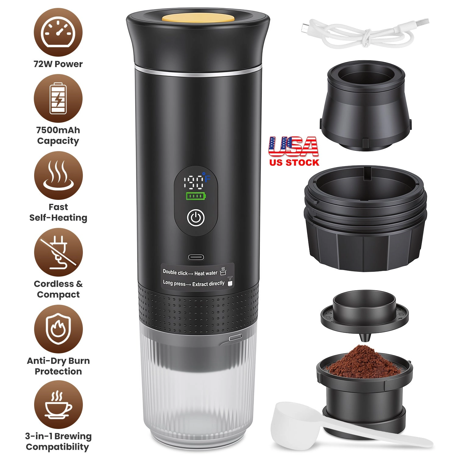 GBruno 3-in-1 Self-Heating Portable Espresso Machine