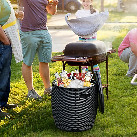SUGIFT Black 9.5-gal 4-in-1 Rattan Style Ice Cooler Bucket Side Table and Stool with Drainage Plug