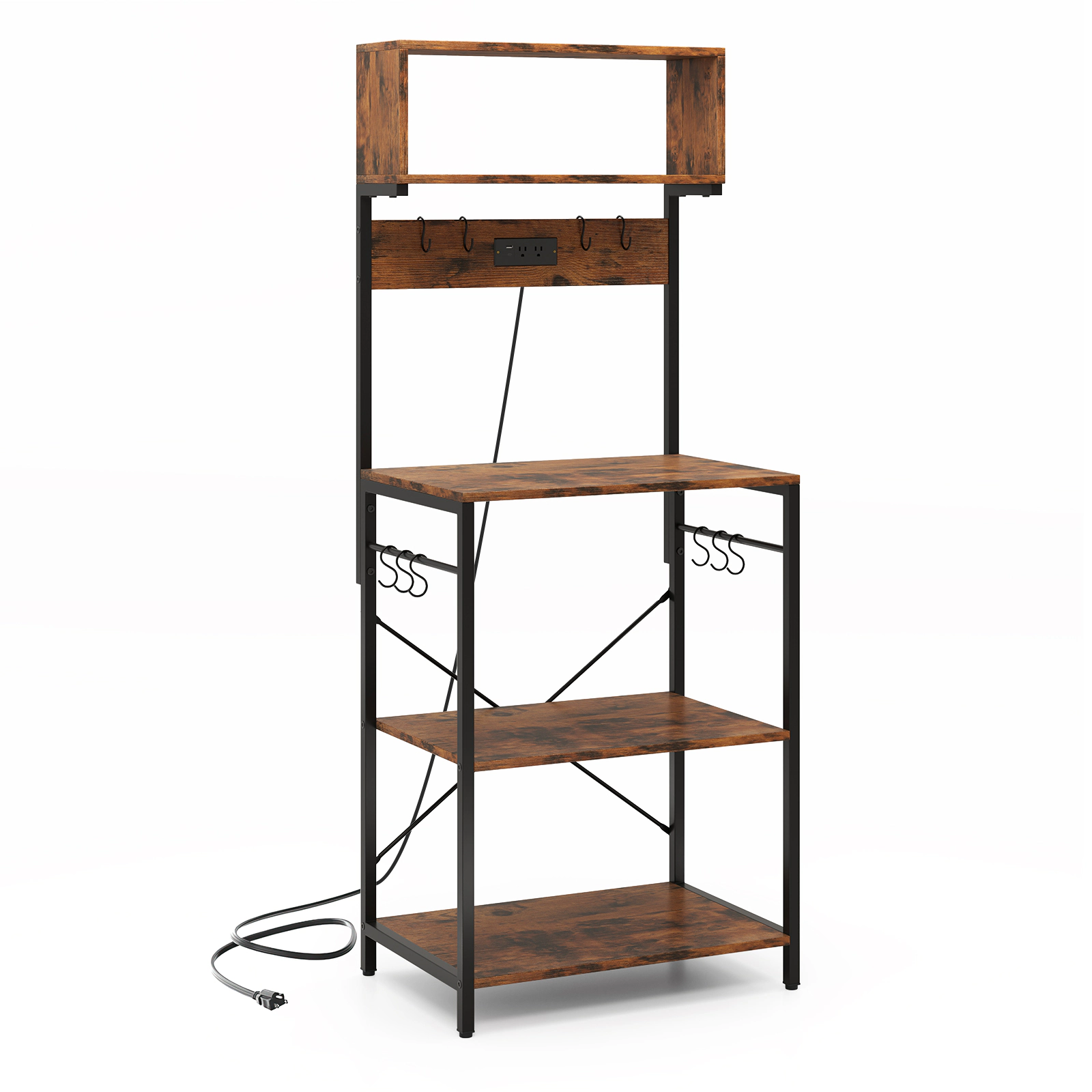 SUGIFT 60-in Tall Rustic Brown Microwave Stand with Power Strip 4 Open Shelves and 10 Hooks for Coffee Bar
