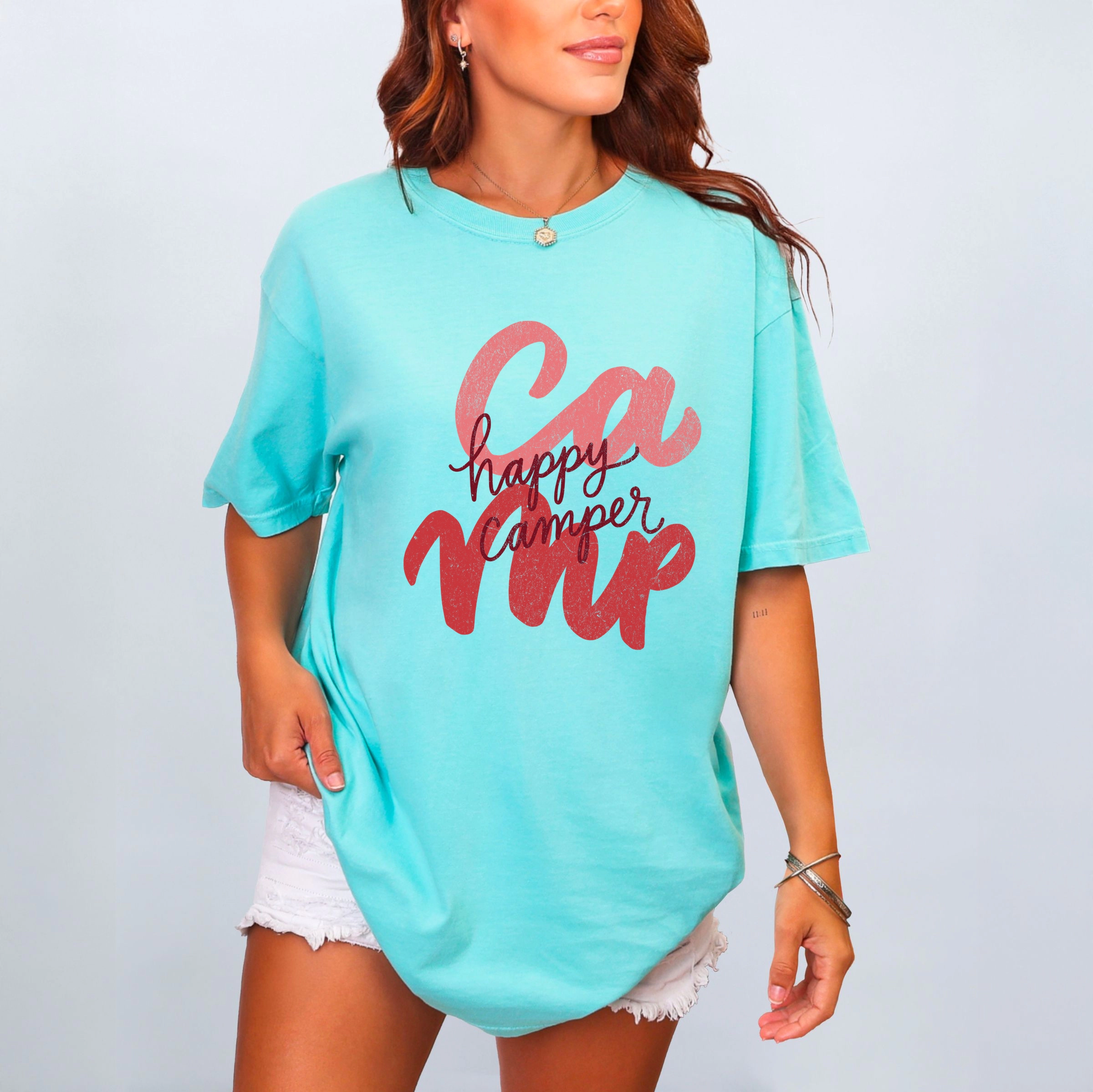 Simply Sage Market - Happy Camper Cursive Women's Garment Dyed Graphic T-Shirt