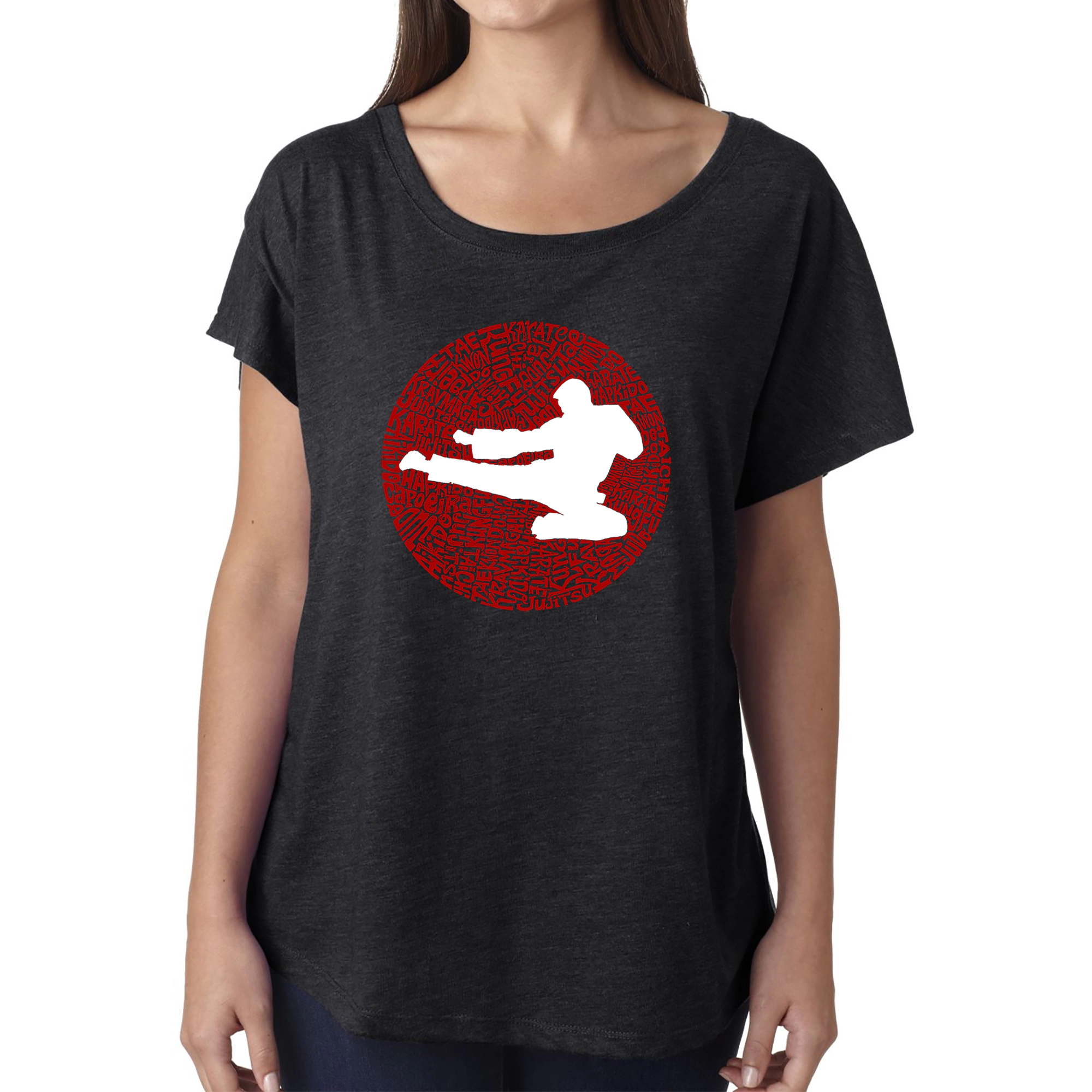 LA Pop Art Women's Dolman Word Shirt - Types of Martial Arts