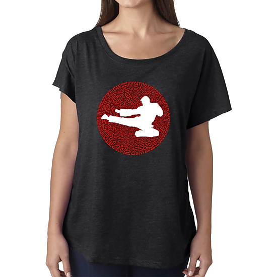 LA Pop Art Women's Dolman Word Art Shirt - Types of Martial Arts