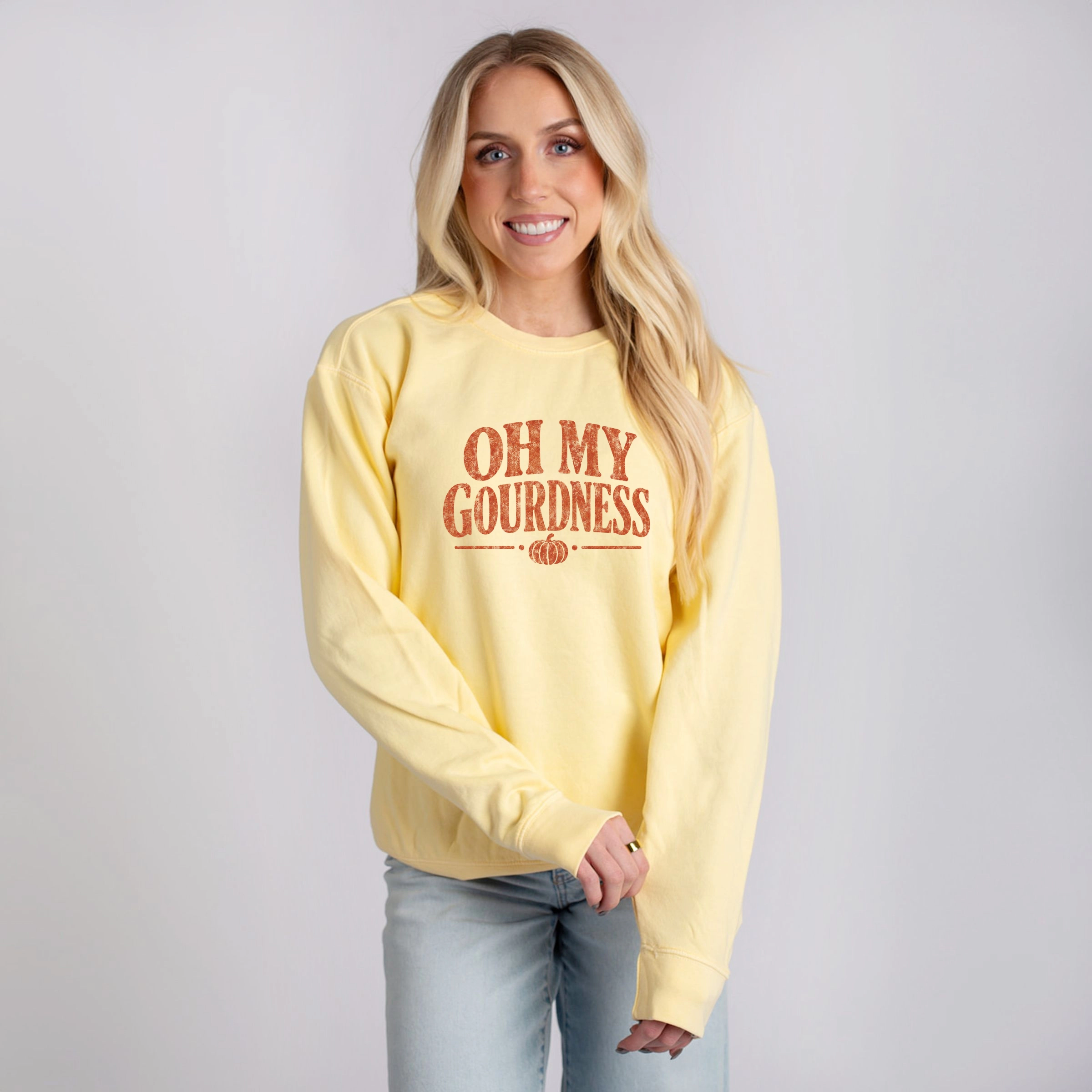 Simply Sage Market - Women's Lightweight Garment Dyed Sweatshirt Oh My Gourdness Distressed