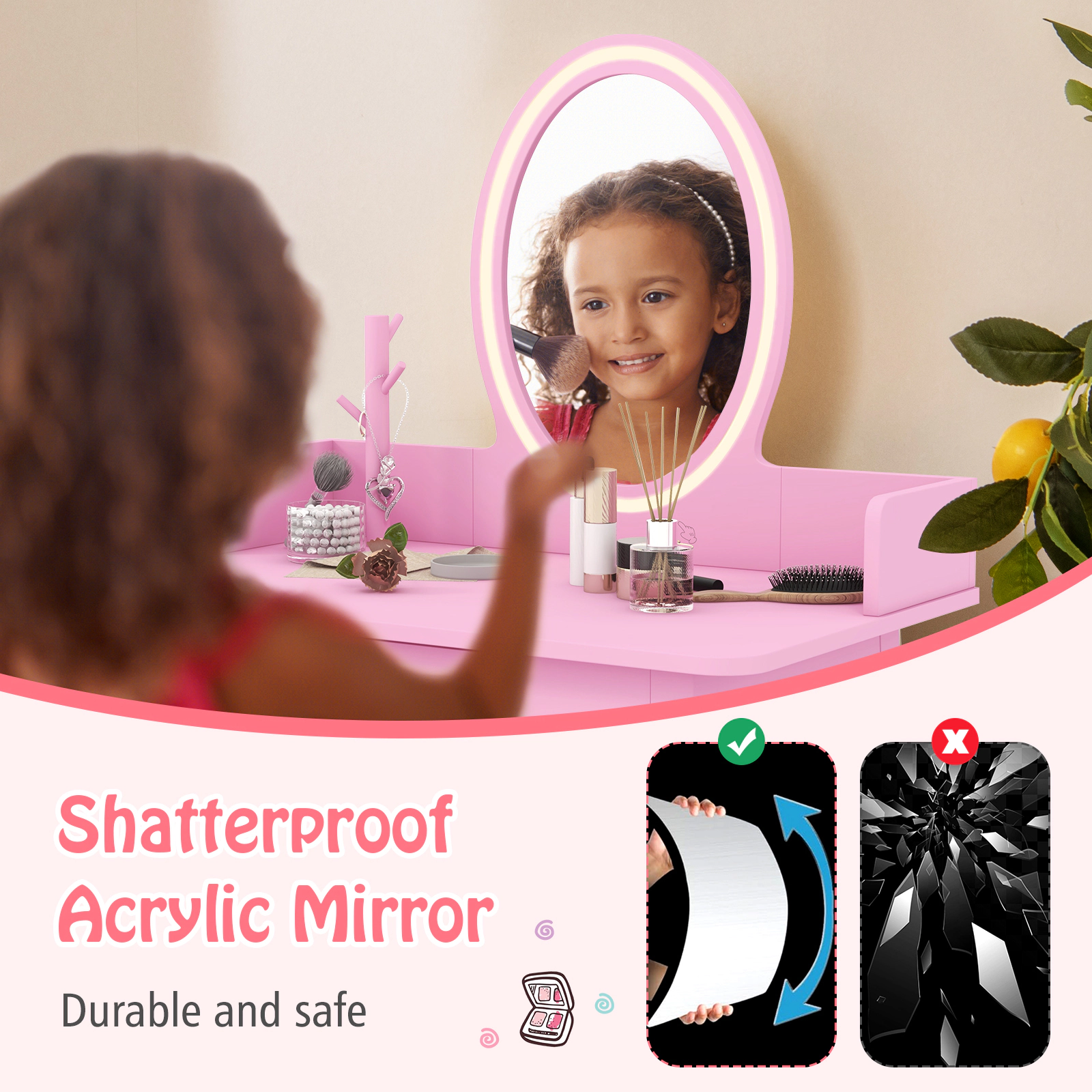 SUGIFT Kids Vanity Desk and Chair Set with LED Lighted Mirror 66-lb Table 110-lb Stool Capacity Ages 3-8 White/Pink
