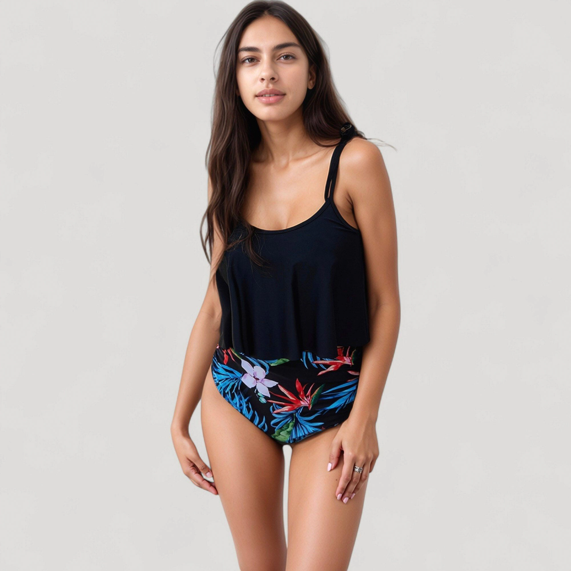 Anna-Kaci Women's Tankini Swimsuit with Loose Flowy Top and Tropical High Waist Bottom