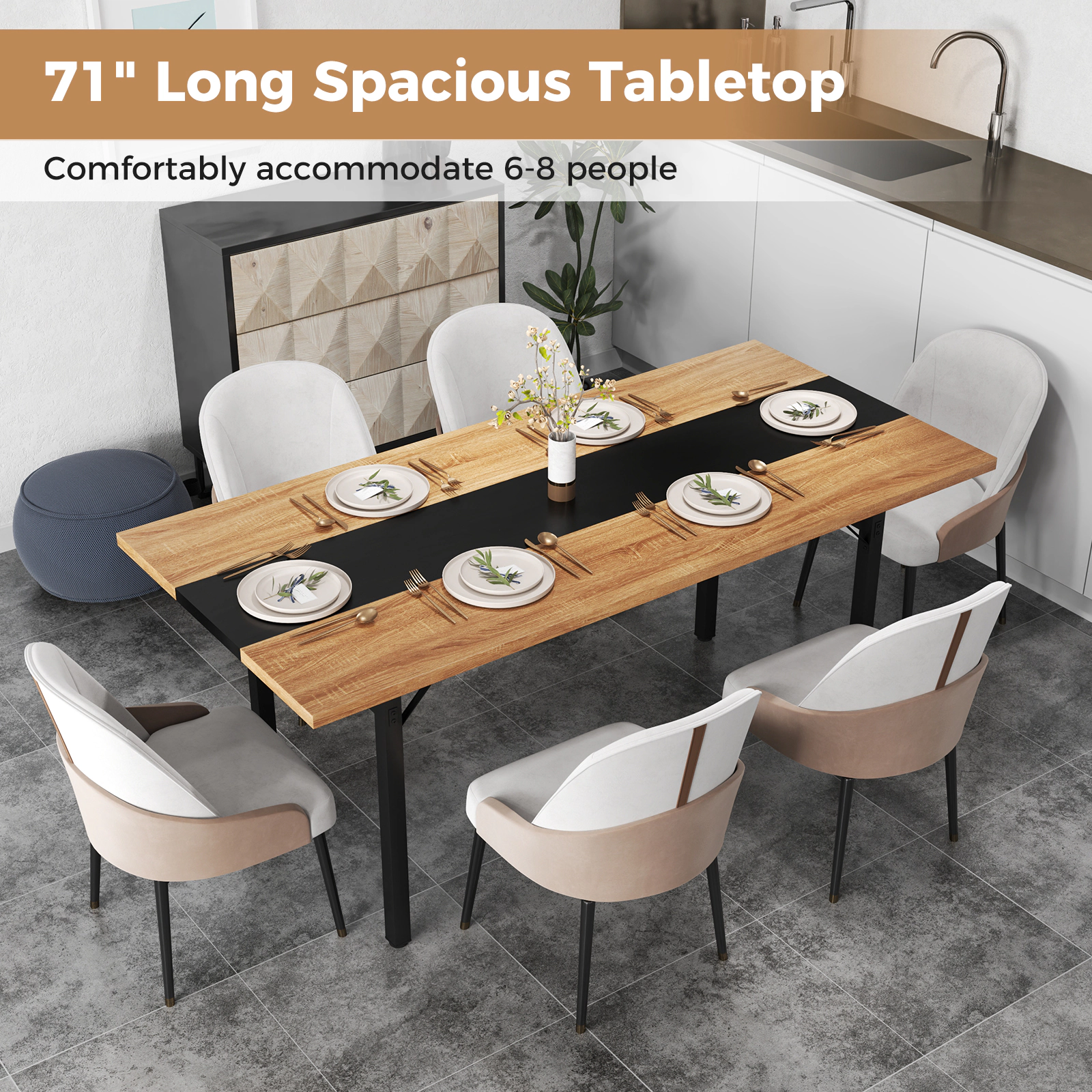 LJG 6 Feet Dining Table with Heavy-Duty Metal Frame for 6-8 People