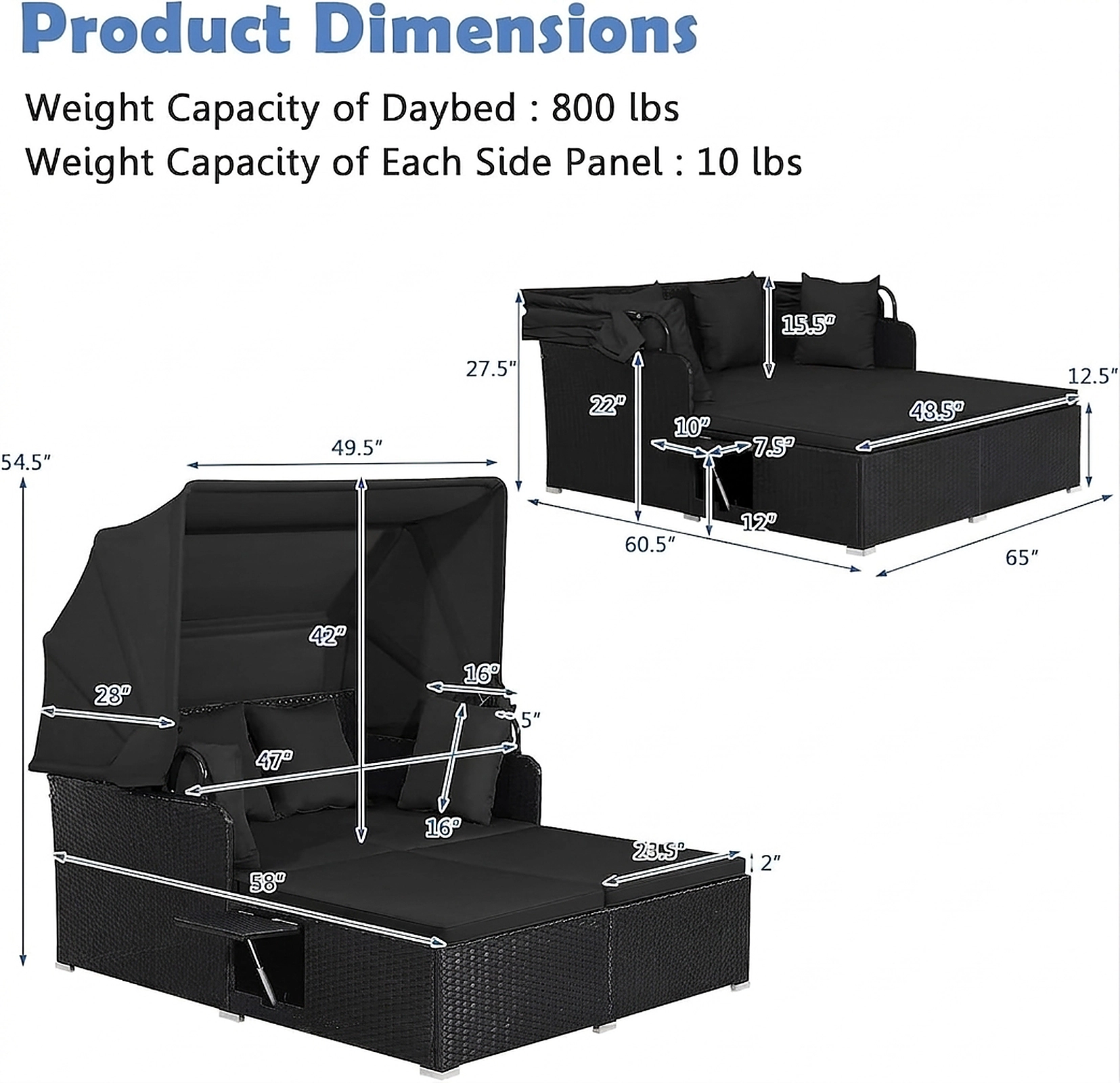 SUGIFT Black Rattan Outdoor Canopy Daybed with Retractable Shade and Folding Trays