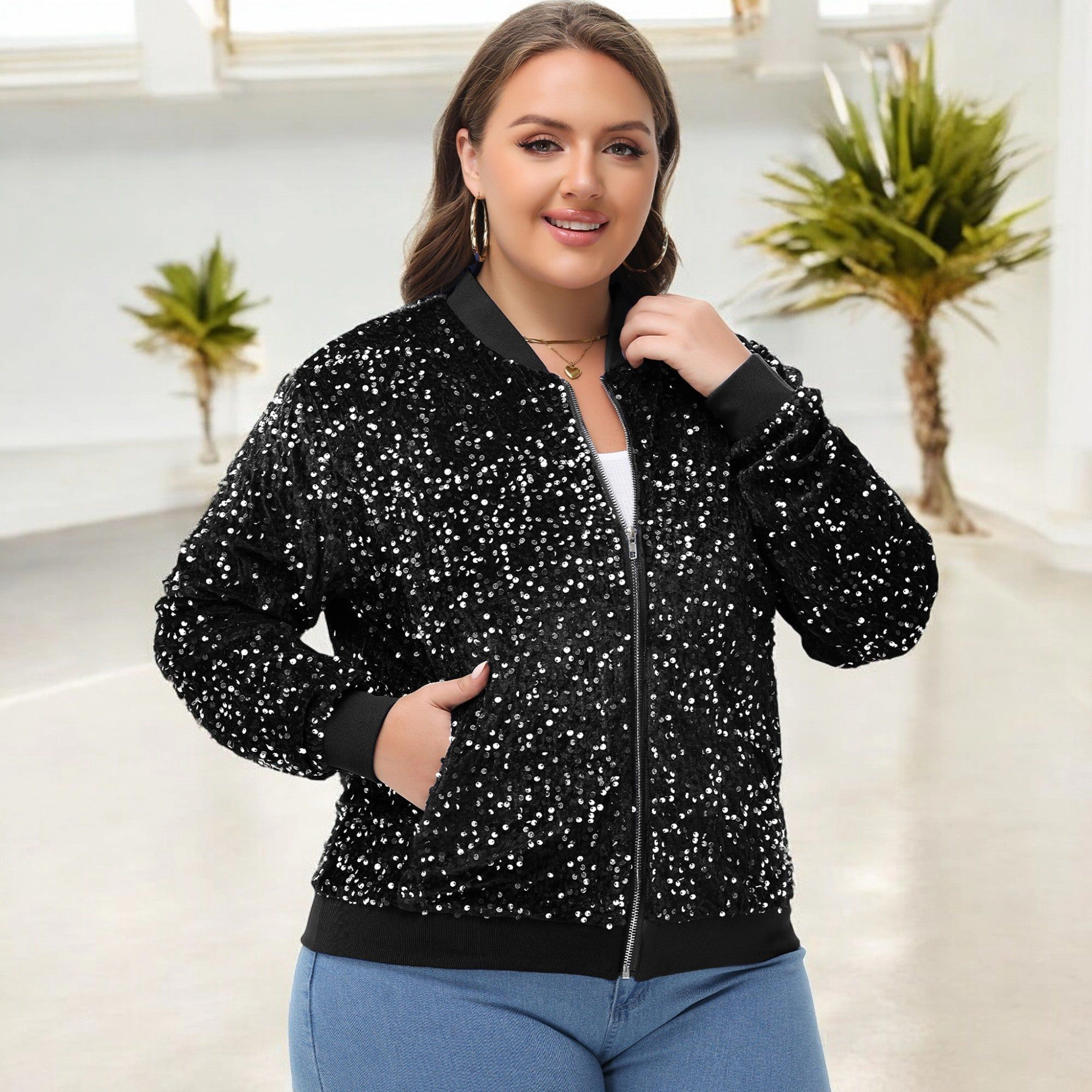 Anna-Kaci Women's Plus Sequin Zip-Up Bomber Jacket with Pockets