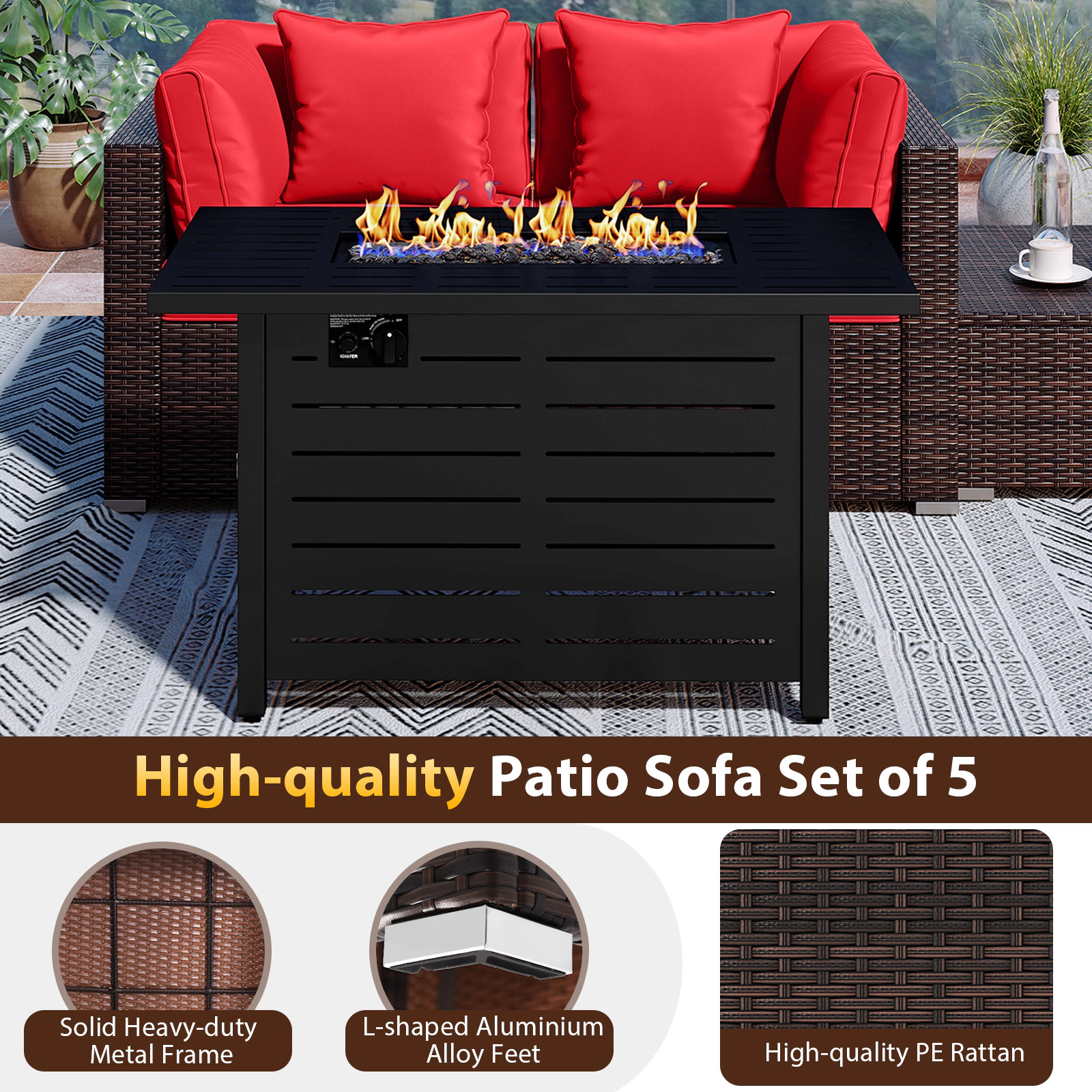 SUGIFT 5-Piece Red Rattan Patio Fire Pit Set, 60,000 BTU Fire Table, Corner Sofas and Ottoman