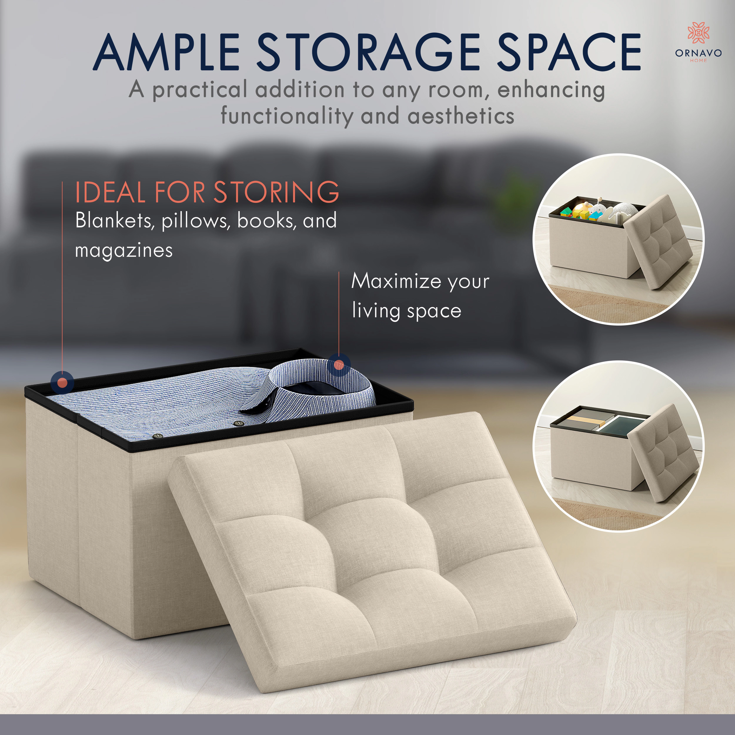 Ornavo Home Collapsible Small Rectangle Footrest Storage Ottoman - 12 x 16