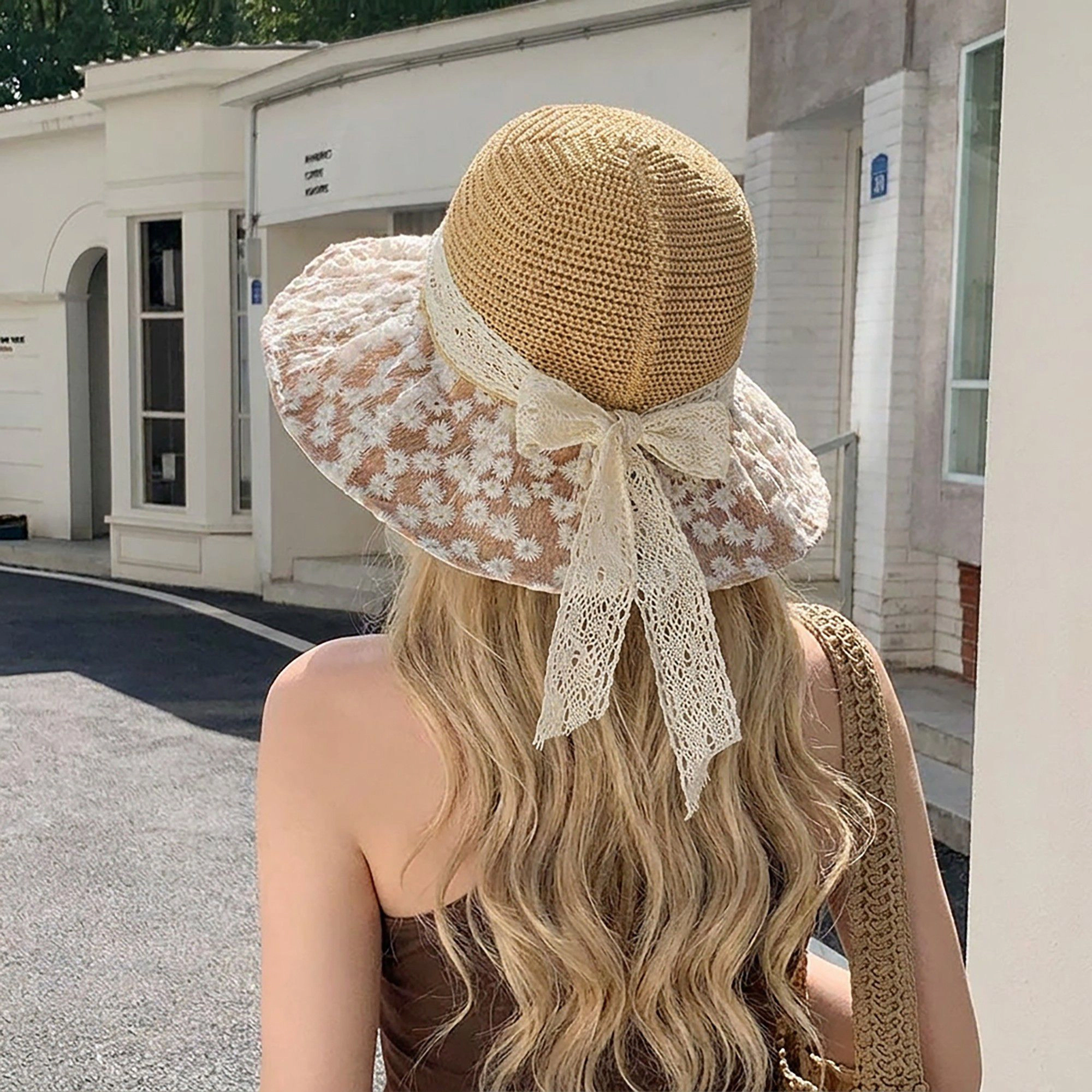 Anna-Kaci Women's Crochet Sun Hat with Lace Bow Accent and Embroidered Sheer Wide Brim - MauvePink