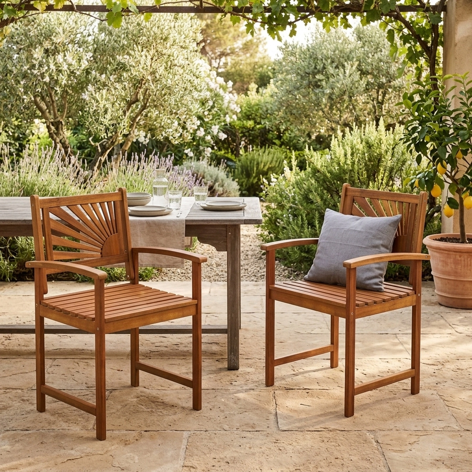 SUGIFT Set of 2 Outdoor Acacia Wood Dining Chairs, Curved Arms, Slatted Seats, 18 in Seat Height