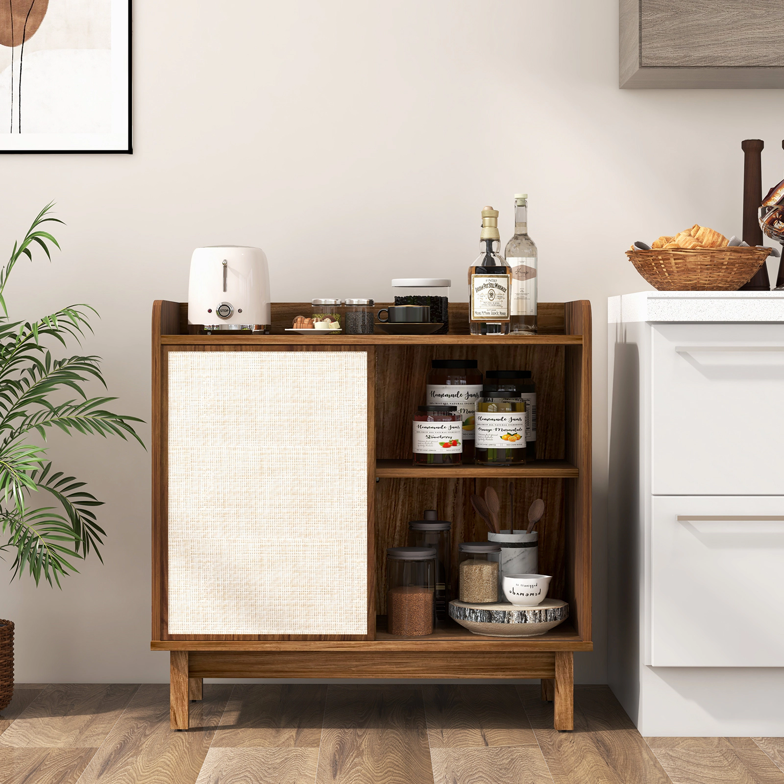 SUGIFT Sliding Rattan Door 5-Position Shelves Buffet Sideboard 31.5-in x 15.5-in x 31.5-in 46-lb Net Weight Walnut