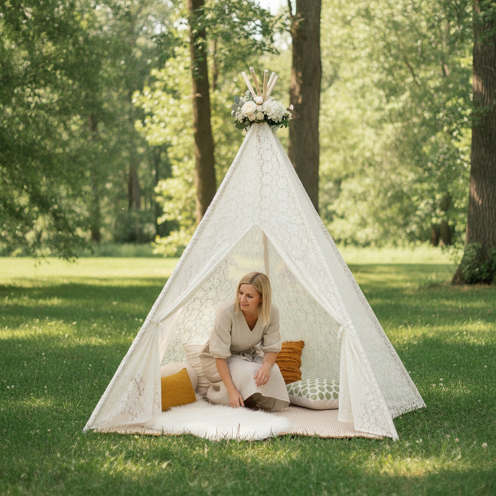 Lace Teepee Tent 85-in Tall Sleepover Tent for Children with LED Star Light Strings Pine Wood Poles White