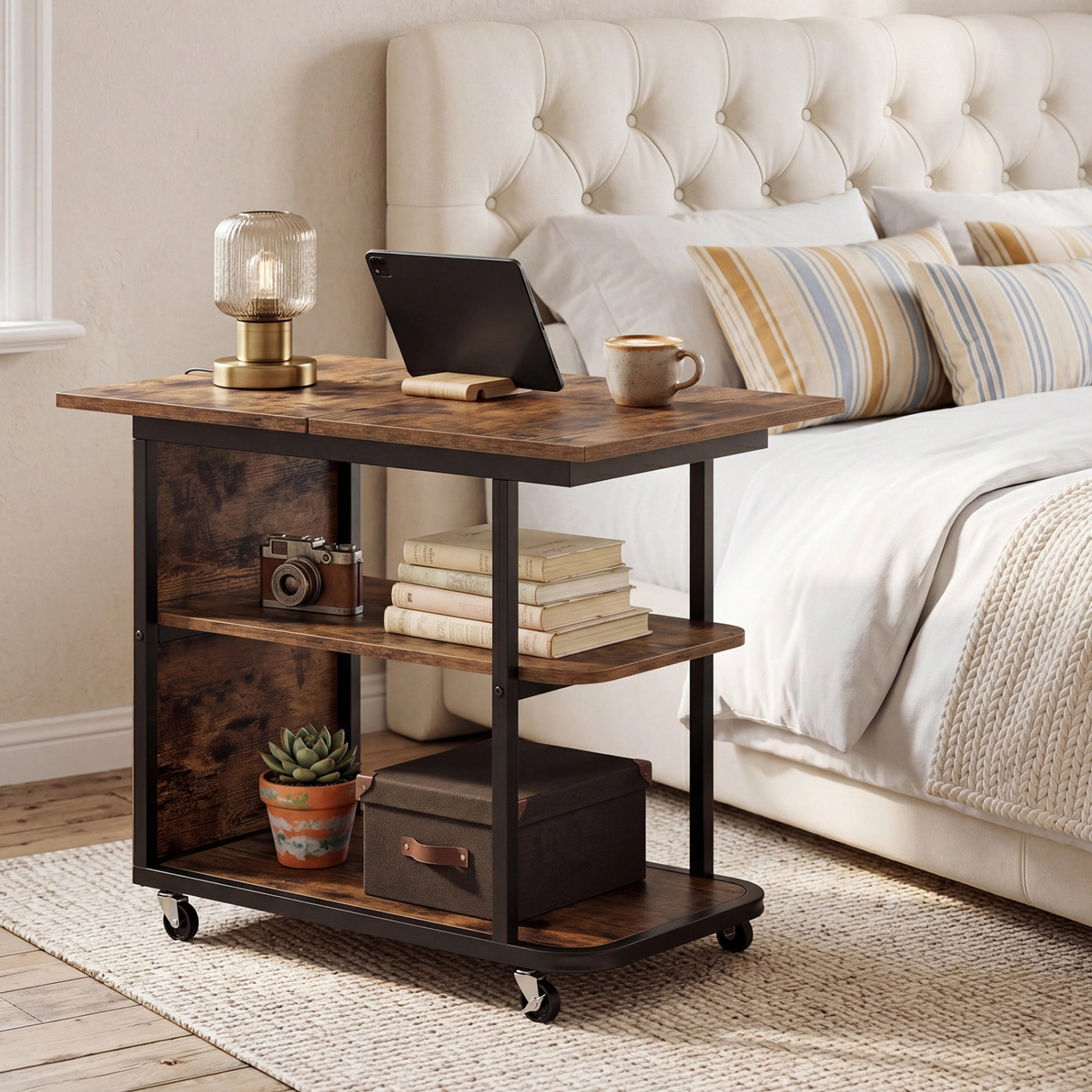 SUGIFT Mobile Nightstand Rustic Brown with 360 Degree Swivel Foldable Top and 2 Shelves
