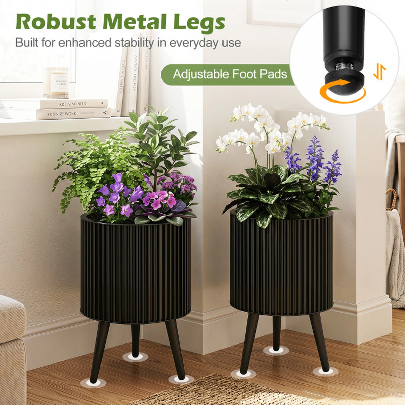 SUGIFT Modern Fluted Metal Planter Flower Pots with Stand 110-lb Capacity Set of 2 Black 20 x 23 in and 18 x 23 in