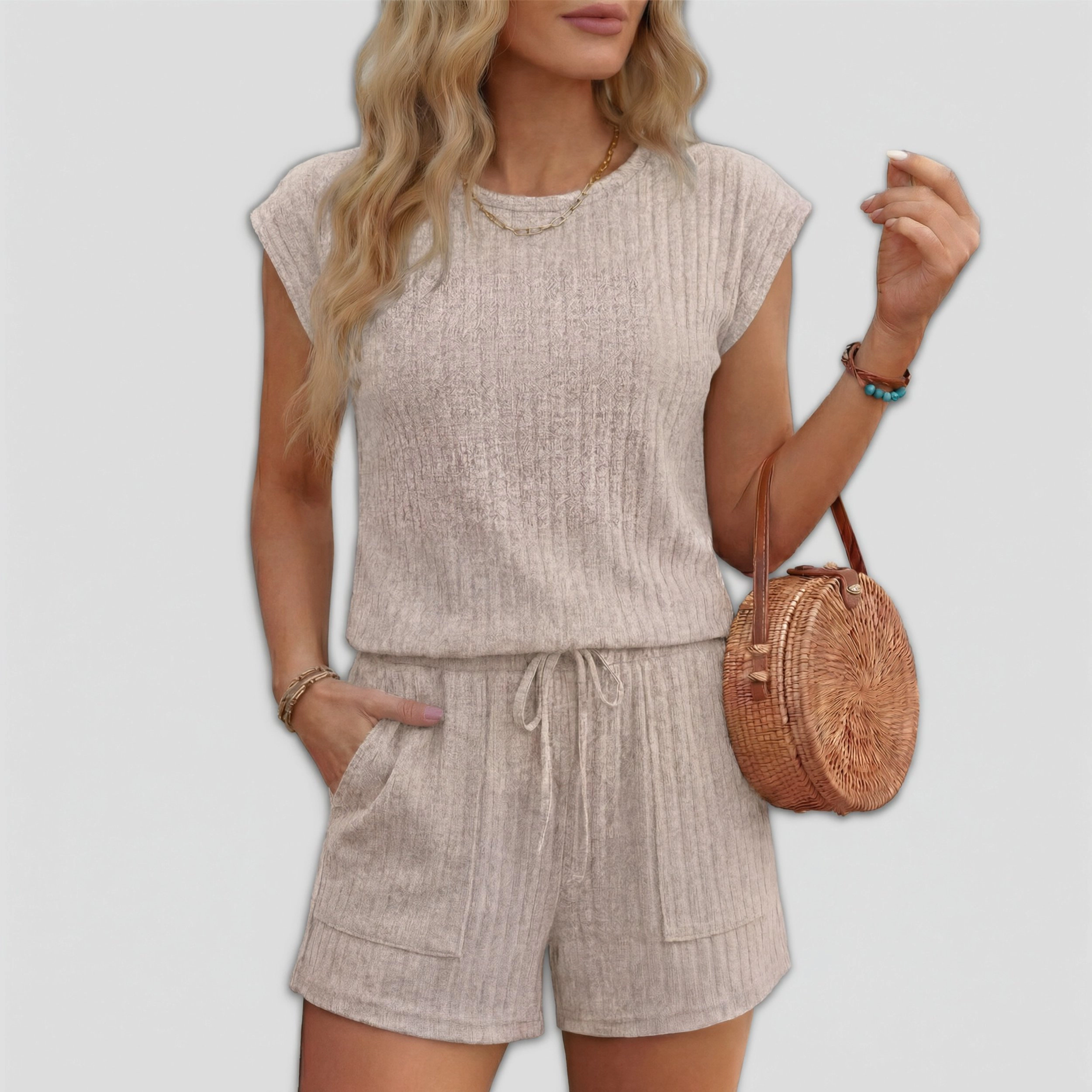Ekouaer Womens Ribbed Knit Set, Short Sleeve Top and Adjustable Drawstring Shorts