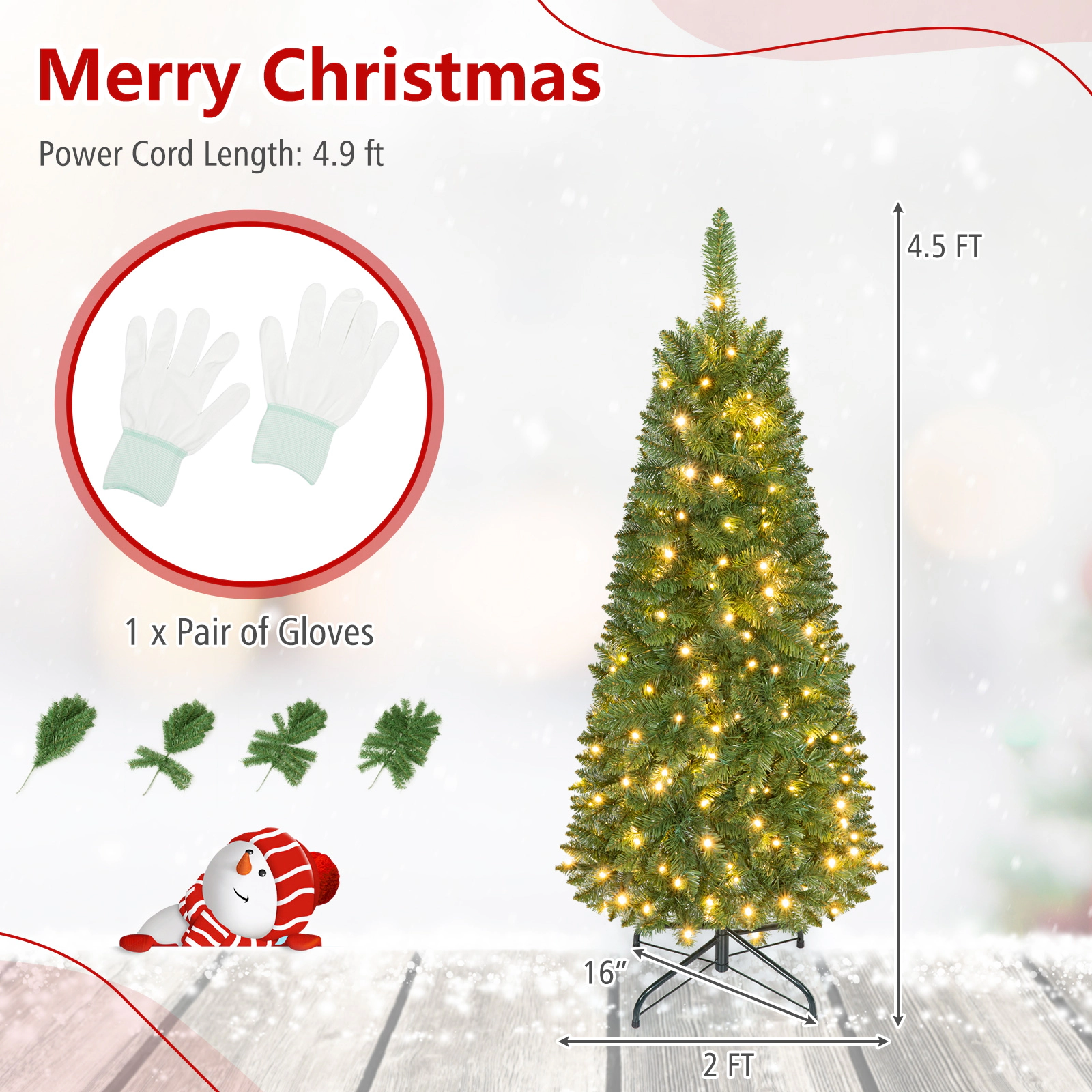 Costway 4.5/6.5/7.5ft Pre-Lit Hinged Pencil Christmas Tree 150 Lights