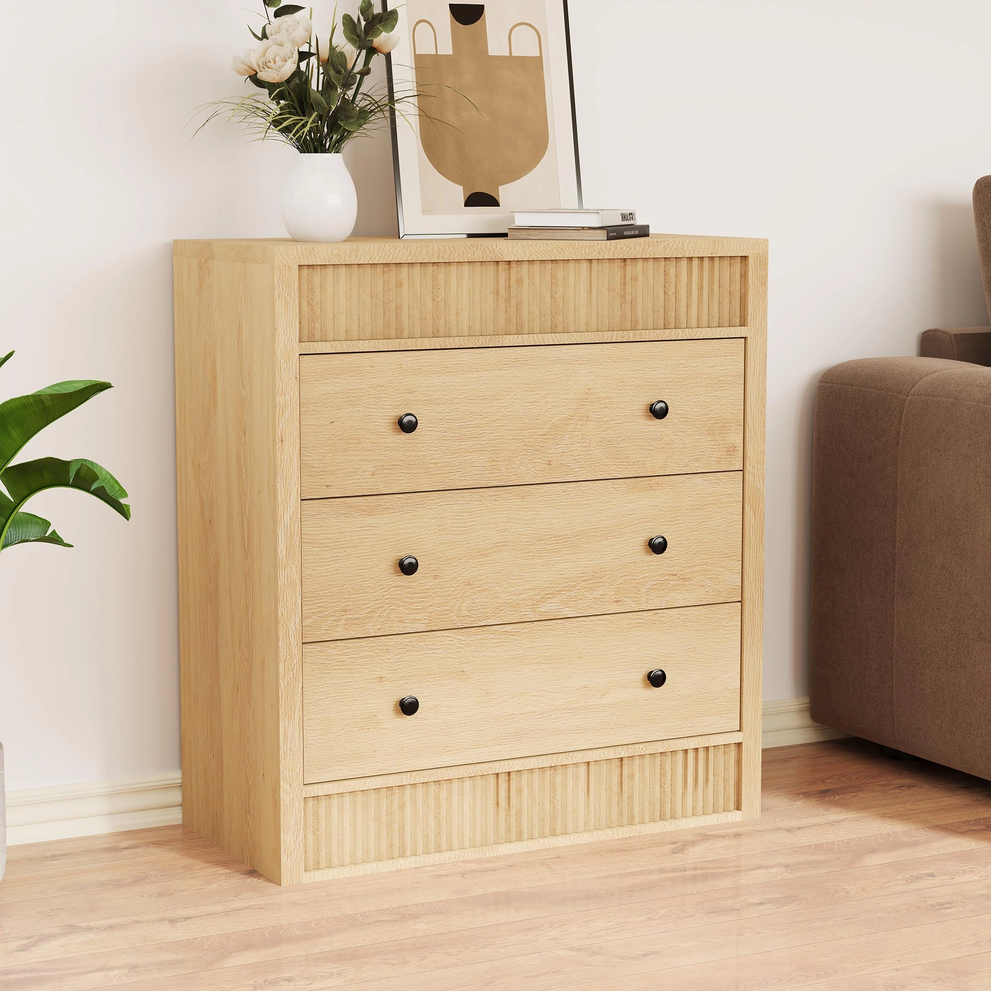 Fluted 3 Drawer Wooden Dresser, 31.5" Wide Modern Nightstand Storage Cabinet for Bedroom