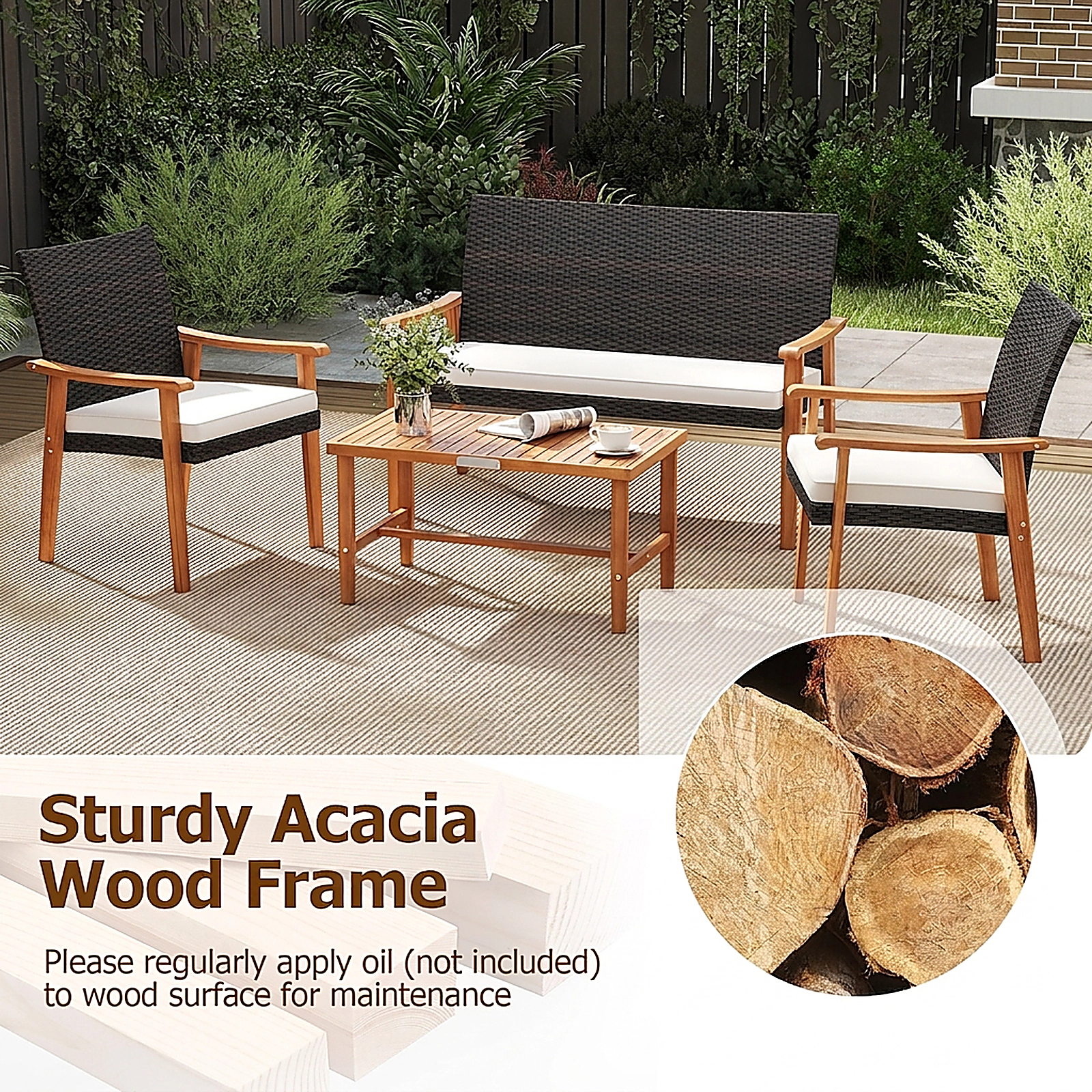 SUGIFT 4-Piece White Rattan Patio Set with Loveseat, 2 Chairs and Acacia Coffee Table