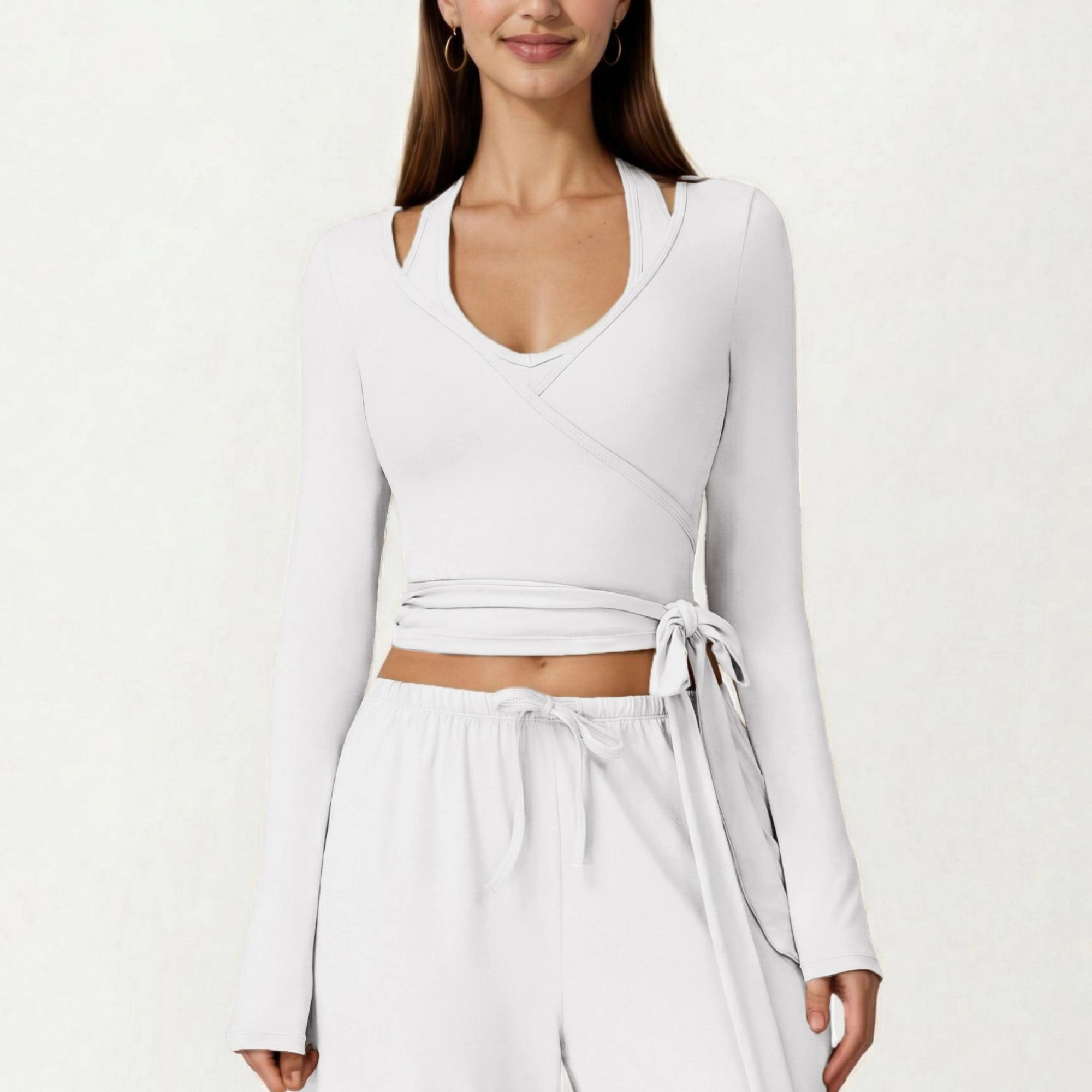 Anna-Kaci Women's Long Sleeve Wrap Front Crop Top with Tie Waist V Neck Fitted Stretch Knit Shirt