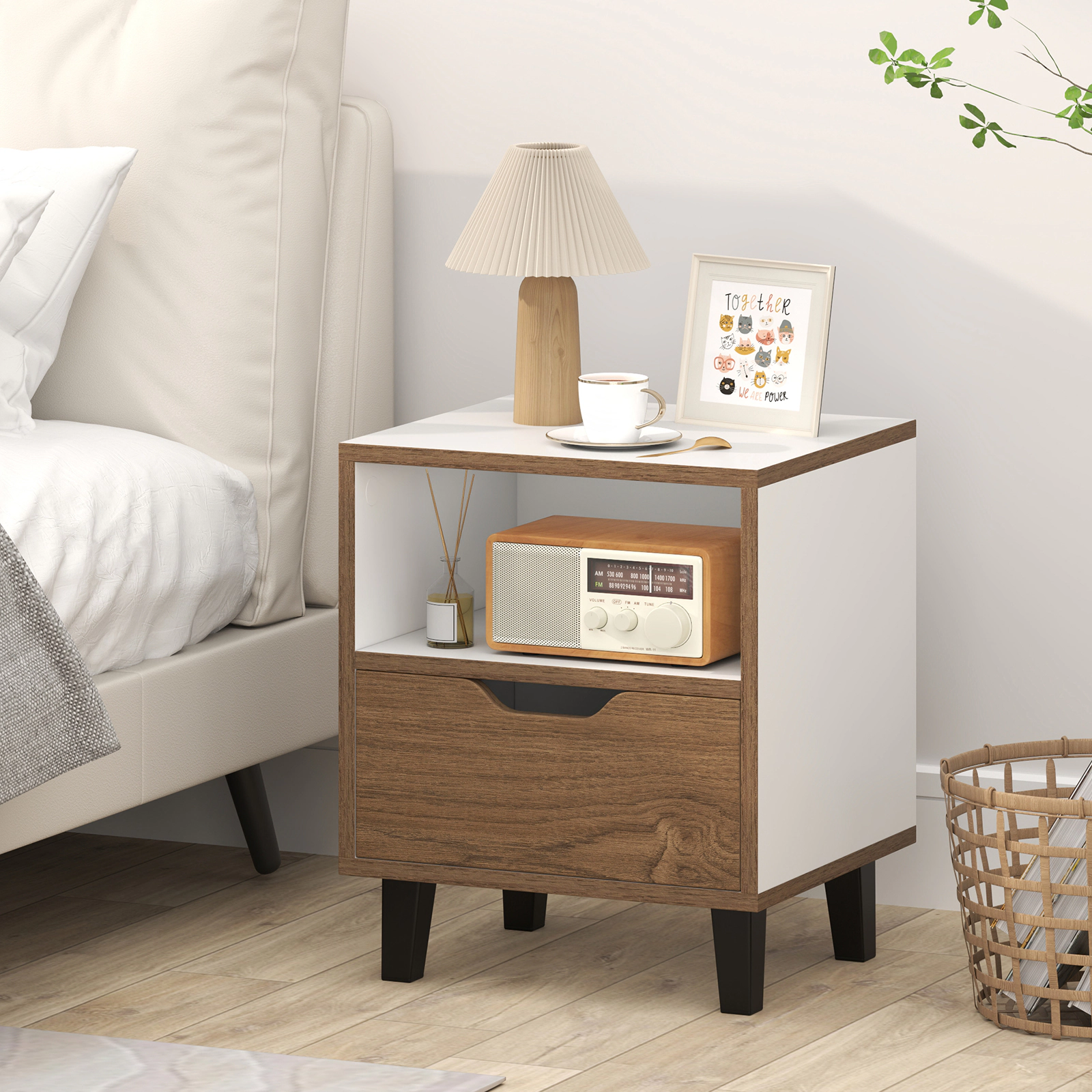 Hivvago Nightstand with Drawer and Open Storage Shelf for Bedroom