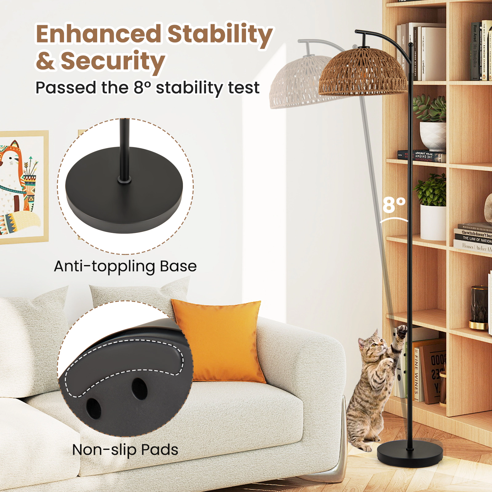 SUGIFT 63-in Tall Metal Arc Floor Lamp with Hanging Paper Rope Lampshade E26 Socket Foot Switch Black