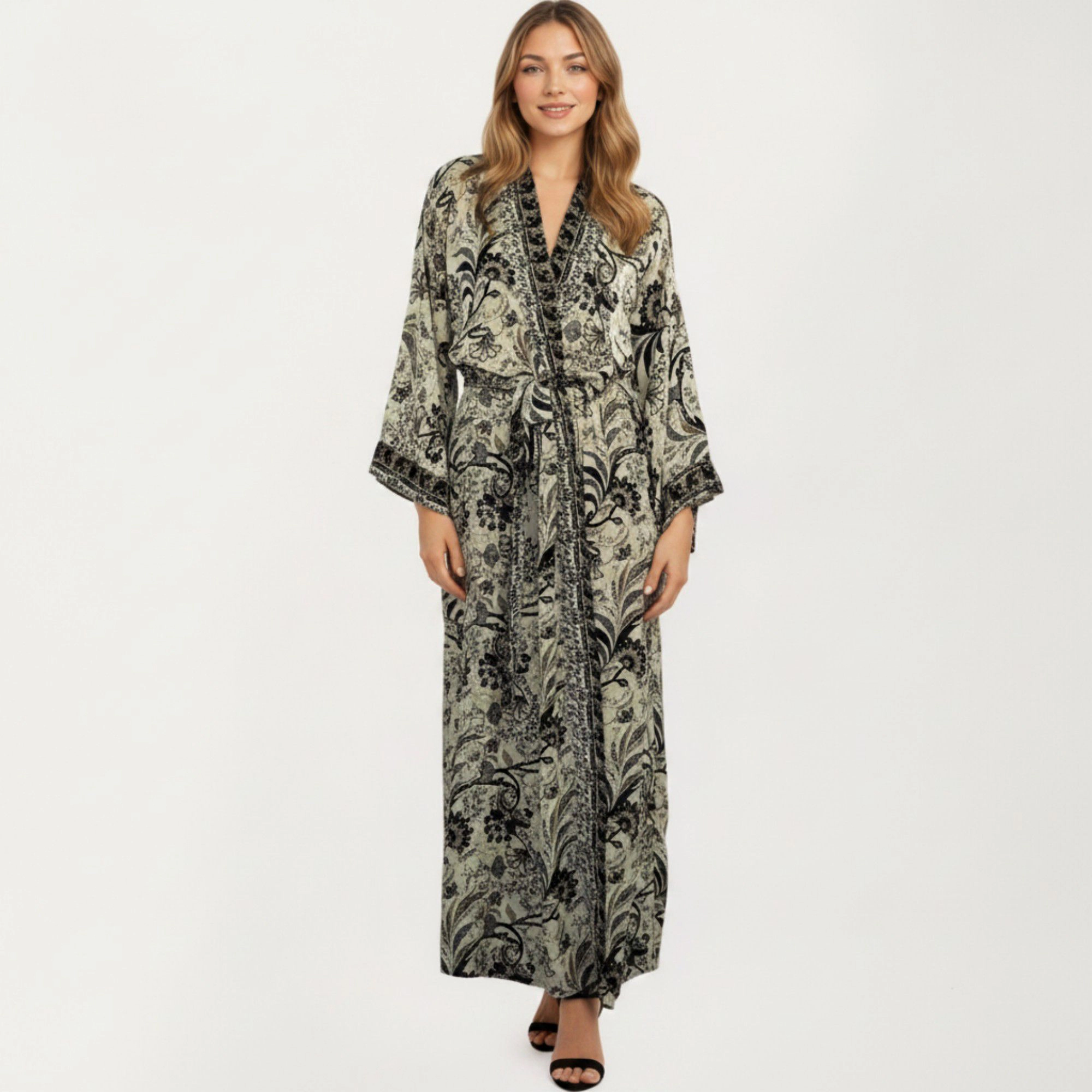 Anna-Kaci Women's Floral Paisley Maxi Dress with Long Sleeves Adjustable Waist Tie and Flowing Relaxed Fit
