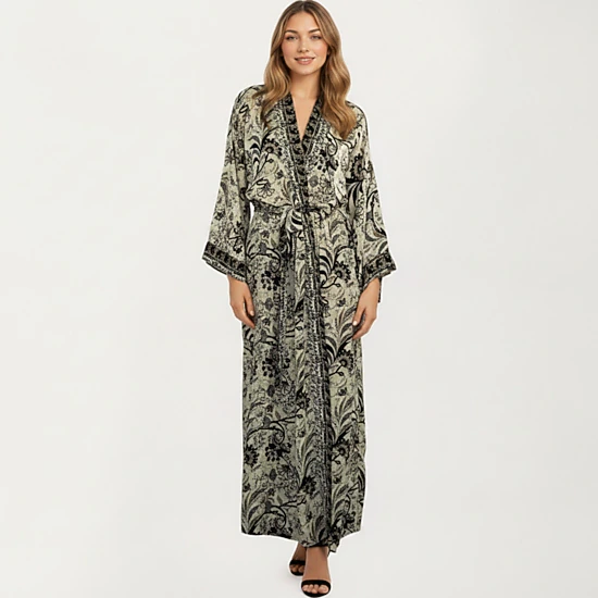 Anna-Kaci Women's Floral Paisley Maxi Dress with Long Sleeves Adjustable Waist Tie and Flowing Relaxed Fit