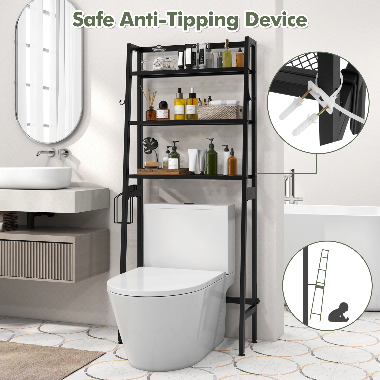 SUGIFT 3-Tier 62.5-in Tall Over the Toilet Storage Shelf Metal Bathroom Organizer with Adjustable Bar